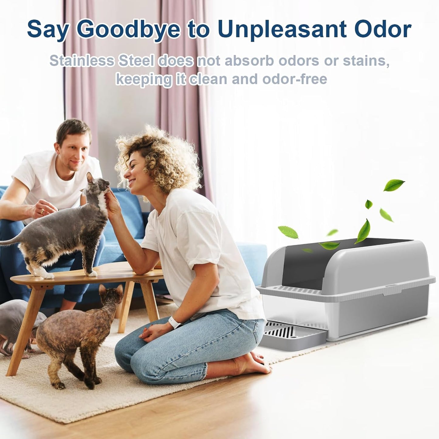 Enclosed Stainless Steel Cat Litter Box with Lid Extra Large Litter Box for Big Cats XL Metal Litter Pan Tray with High Wall Sides Enclosure, Non-Sticky, Anti-Leakage, Easy Cleaning