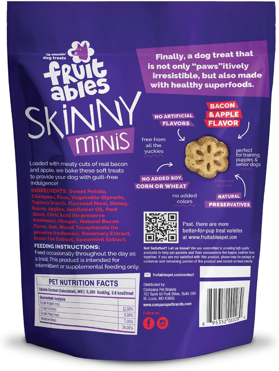 Fruitables Skinny Mini Dog Treats, Healthy Sweet Potato Treat for Dogs, Low Calorie & Delicious, Puppy Training, No Wheat, Corn or Soy, Made in the USA, Bacon and Apple Flavor, 5oz