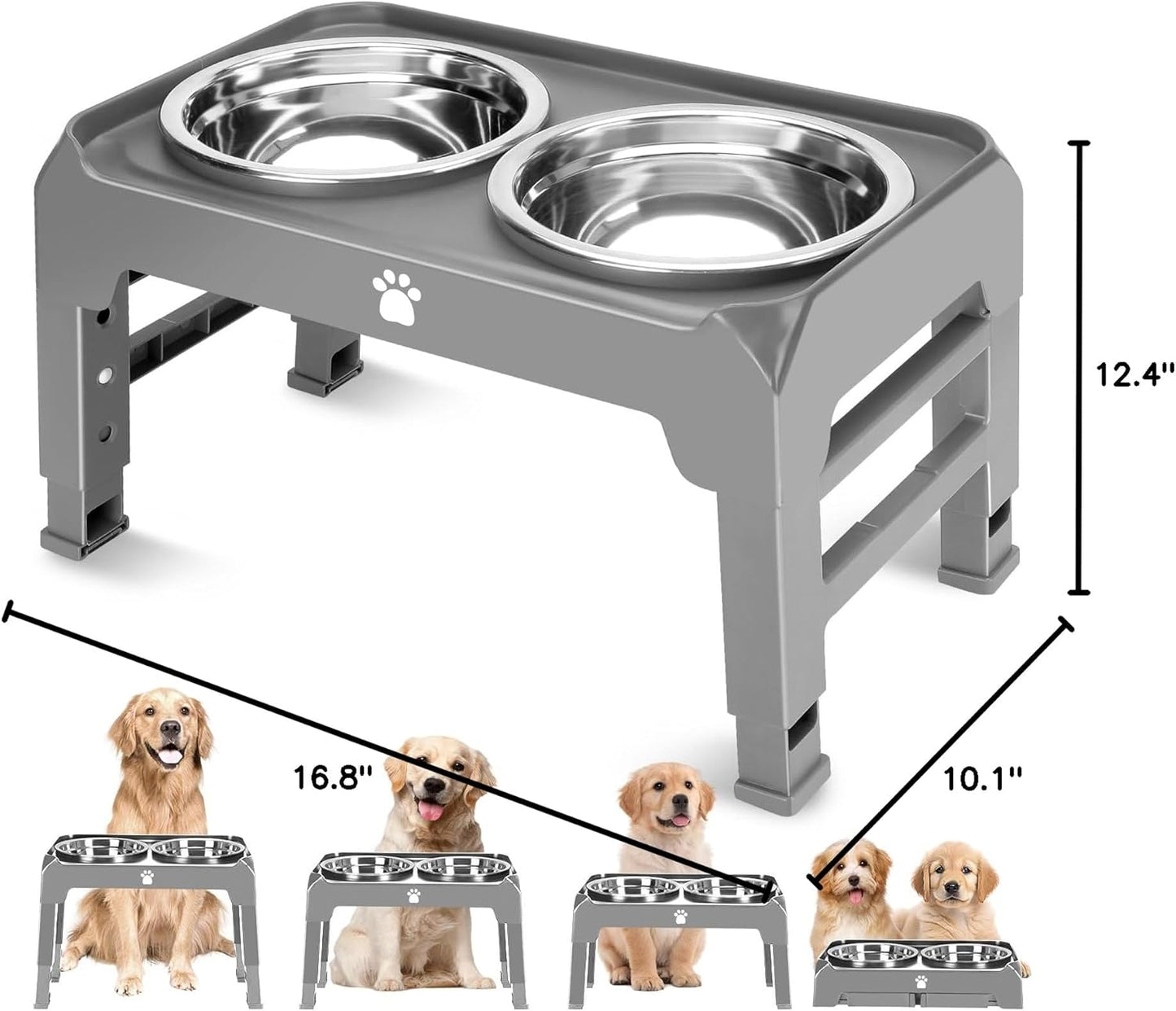 Elevated Raised Dog Bowl Stand with 2 Stainless Steel Bowls, Adjustable Height for Medium Large Dogs, 12.36" - 3.7" Foldable Feeder, Grey