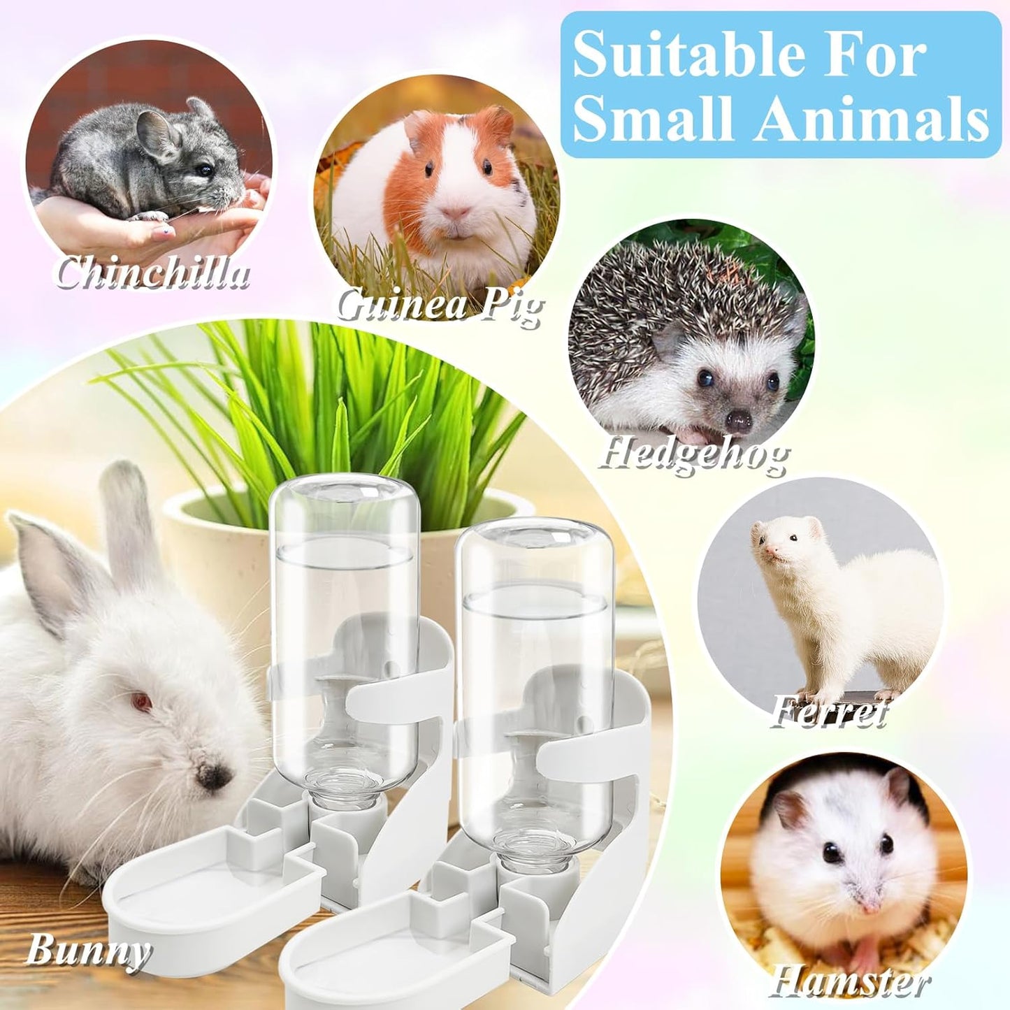 kathson 2 PCS Rabbit Water Dispenser for Cage 17 Oz Hanging Guinea Pig Water Bottle No Drip Gravity Automatic Bunny Water Bottle No Leak Small Animal Water Bottle for Chinchilla Ferret Hamster(White)