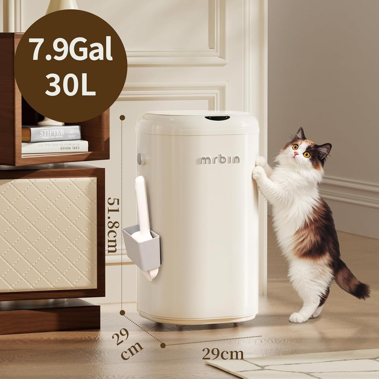 MRBIN Cat Litter Trash can Adsorption Metal, 18L / 4.8gal Automatic Absorbing Bag Diaper Pail, Garbage Bin with Wheels, cat Poop Odor Control Litter Box, Motion Sensor