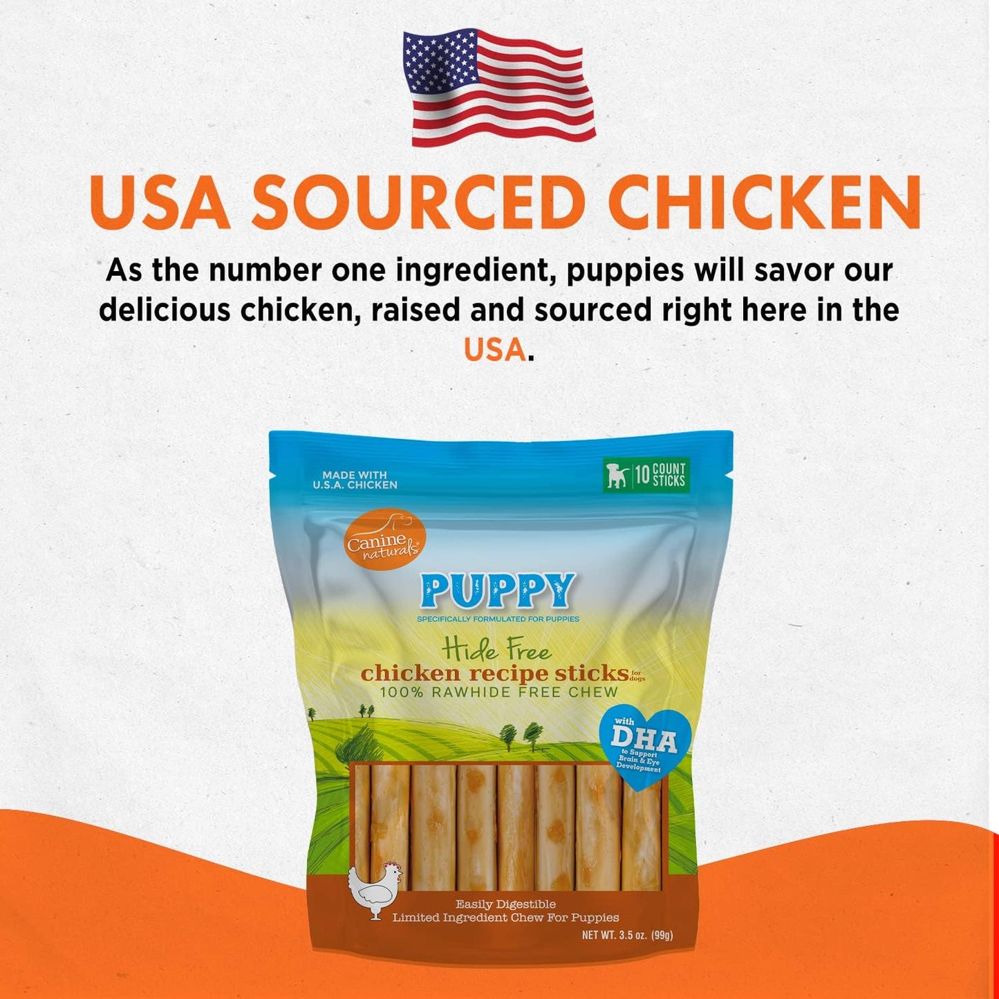 Canine Naturals Puppy Chicken and Rice Chew - Rawhide Free Puppy Treats - Made with USA Chicken - All-Natural & Easily Digestible - 10 Pack of 5-Inch Sticks for Puppies