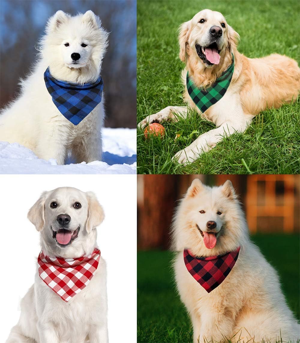 Christmas Plaid Dog Bandana with Button, Fall Dual Layer Scarf Soft Cotton Triangle Bib Girls and Boys Kerchief Adjustable Accessories for Small Medium Large Extra Large Dog Puppy Pet Cat