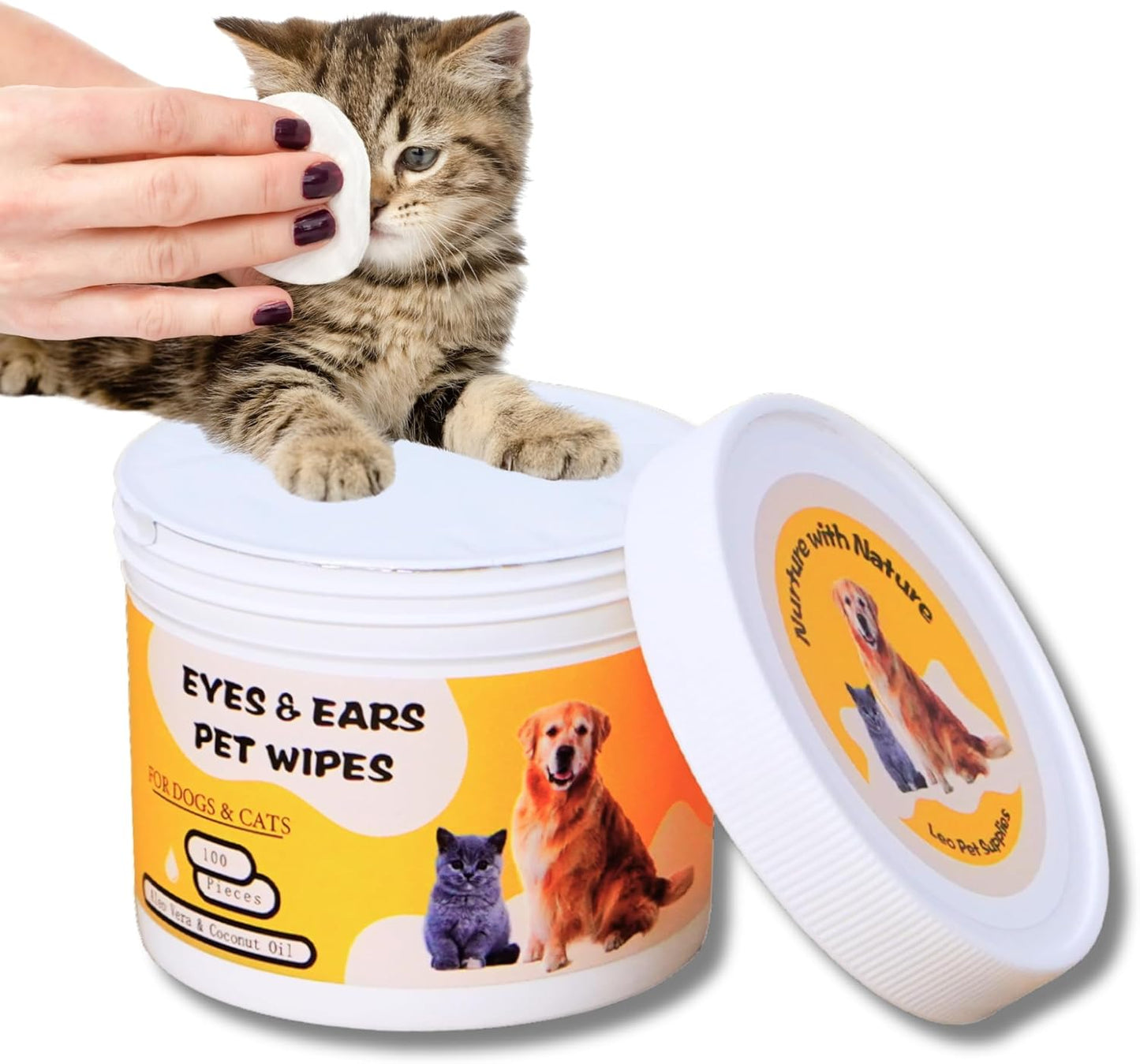 Eye & Ear Wipes for Pets - (100 Count) - Cleanser for Dogs and Cats, Non-Irritating Ingredients; Aloe Essence and Coconut Oil, Specially formulated, Everyday use, Unscented