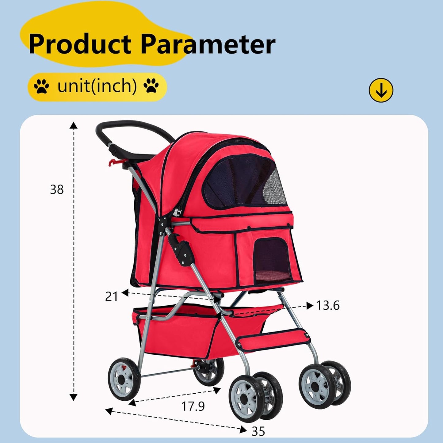 FDW Pet Stroller 4-Wheel Dog Cat Stroller Travel Folding Carrier Puppy Stroller with Cup Holder and Removable Liner for Small Medium Dogs Cats, Red
