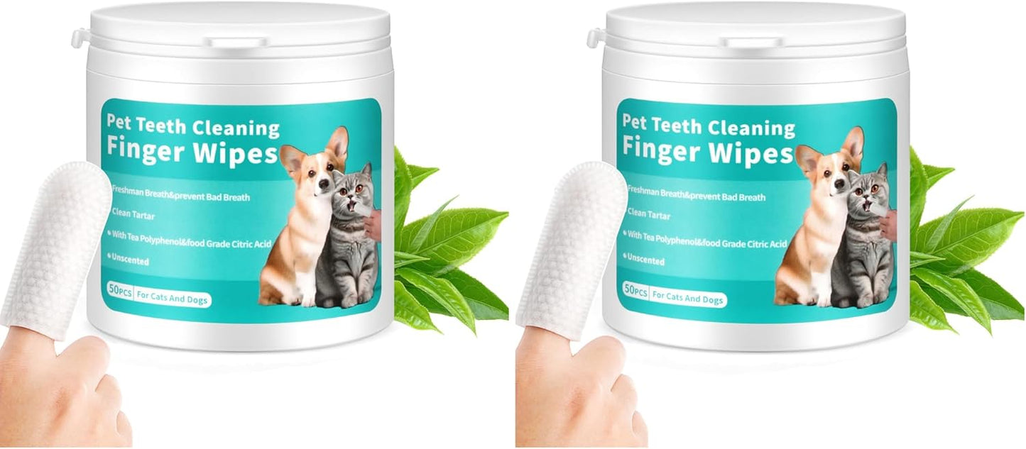 Dog Teeth Cleaning Wipes,Safe & Nautre Pet Dental Finger Wipes Help Dogs and Cats Remove Plaque&Tartar,Disposable Cat Dental Care Wipes 50 Counts (Odorless) (Pack of 2)