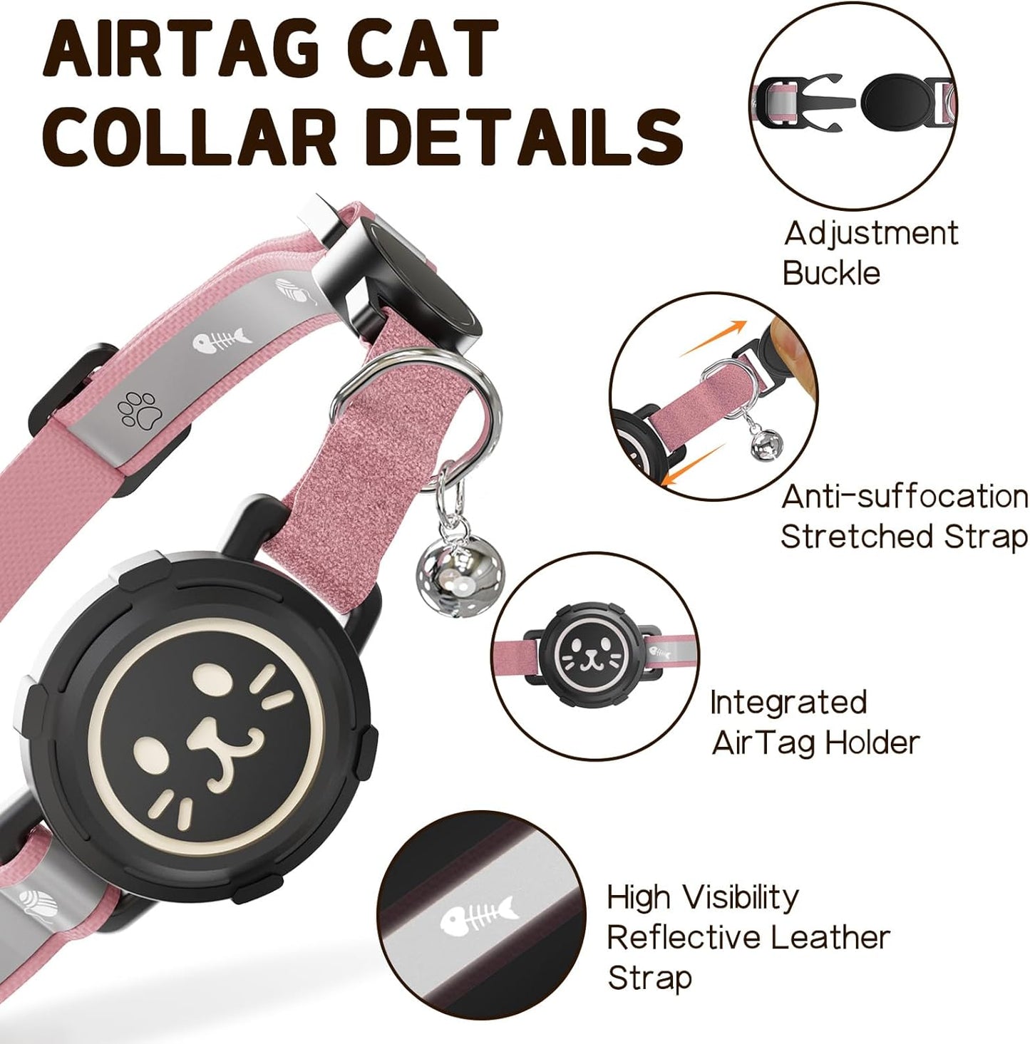 AirTag Cat Collar Non Breakaway, Reflective GPS Cat Collar Adjustable with Bell and Safety Elastic Strap for Kittens, Lightweight Cat Airtag Collar for Girl Boy Cats(Pink, L)