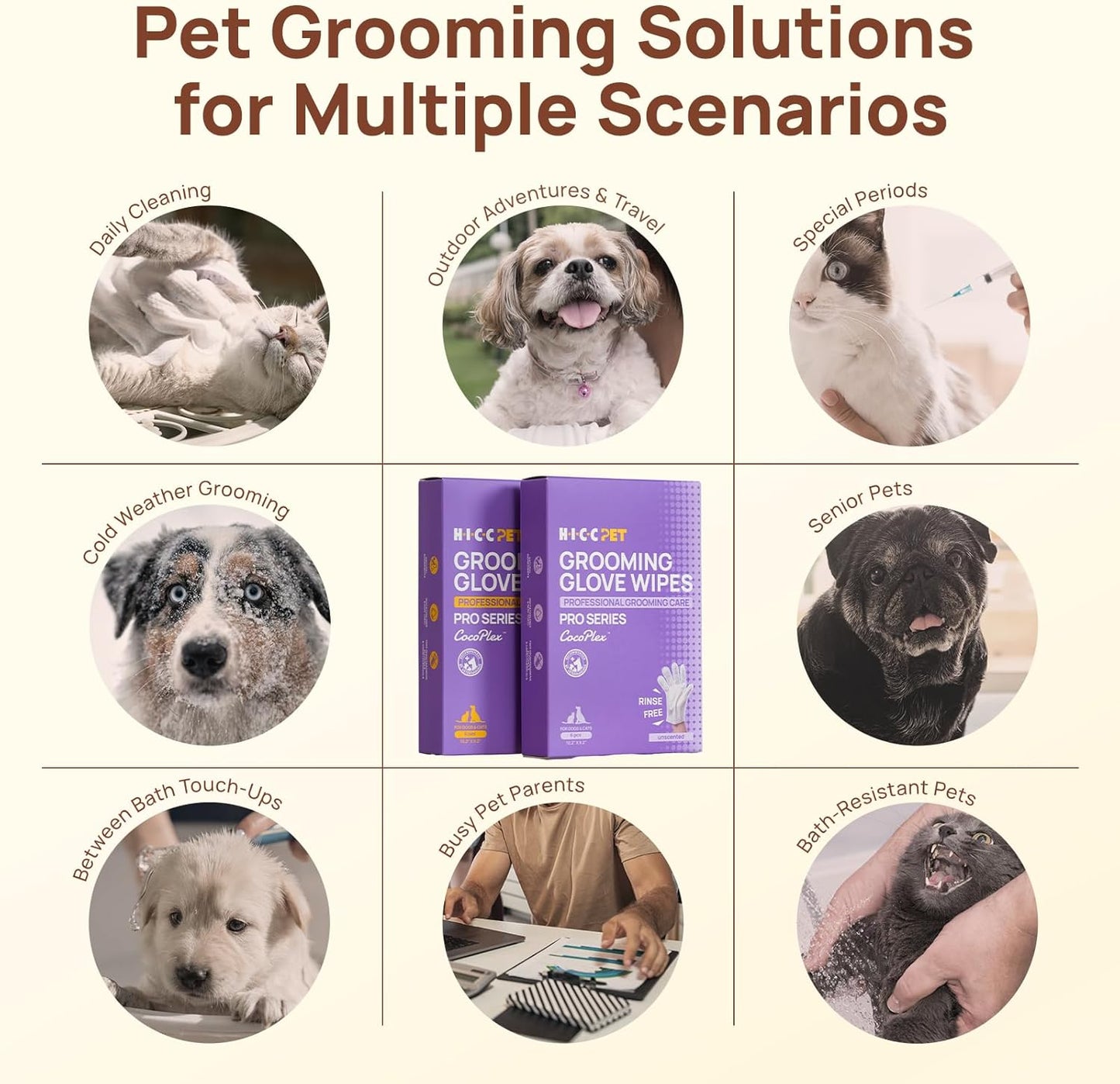 HICC PET Glove Wipes Pro | Pet Grooming Wipes for Dogs & Cats | Dual-Textured, Extra Thick, Rinse-Free Mittens | 4-in-1 Cleaning Combing Massage Conditioning, Portable Pack - Unscented