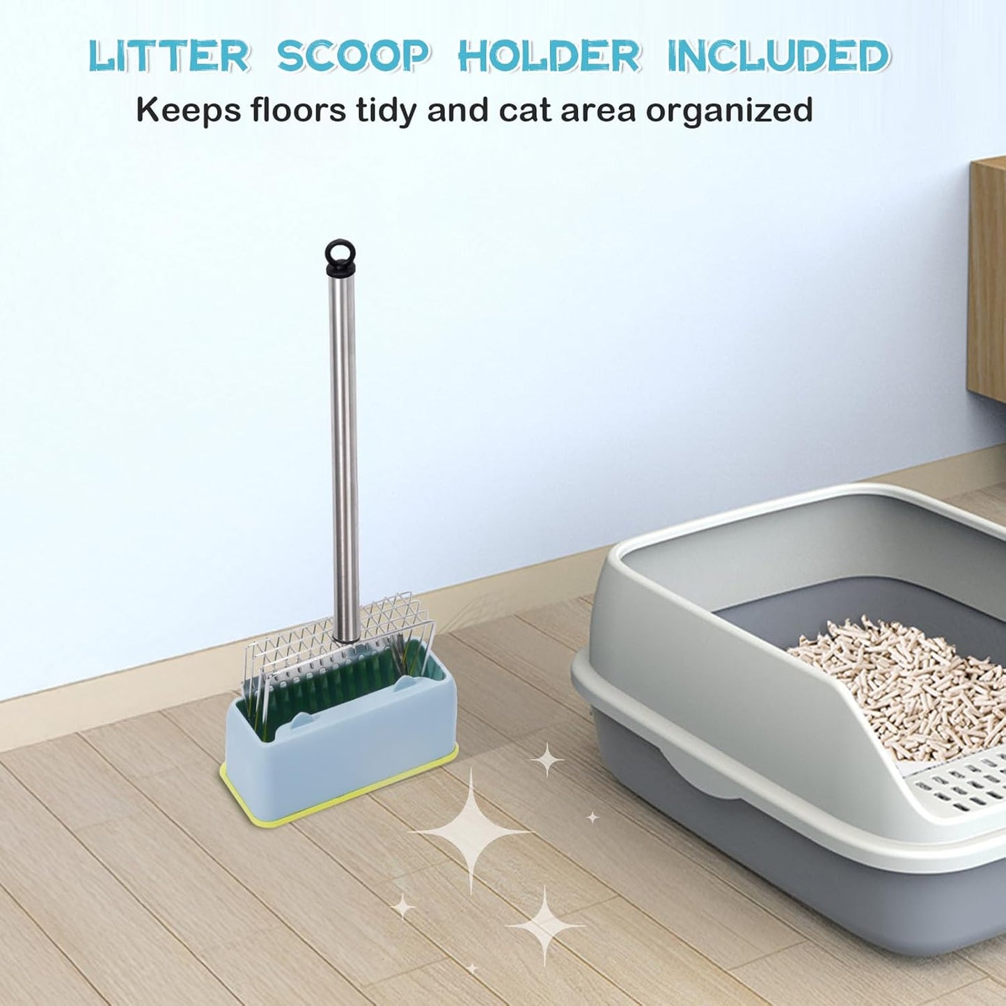 Metal Cat Litter Scoop with Holder Stainless Steel Kitten Poop Scooper, 17.5" Heavy Duty Pet Poop Sifter for Cat Box, Long Handle Large Waste Shovel, Fast Sifting Big Clumps, Solid & Durable