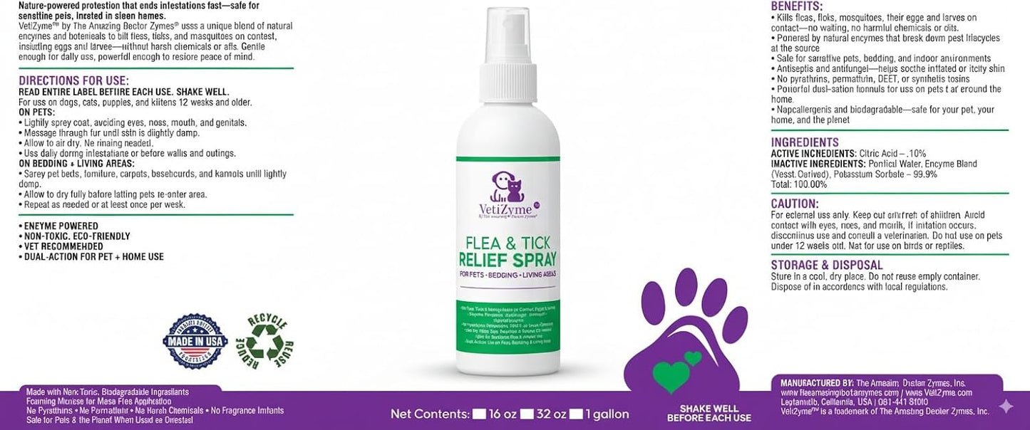 VetiZyme Flea & Tick Relief Spray – Natural Enzyme Pest Control for Dogs, Cats & Small Animals – Non Toxic, Chemical Free Flea Treatment – Safe for Pets, Bedding, Kennels & Home – Biodegradable