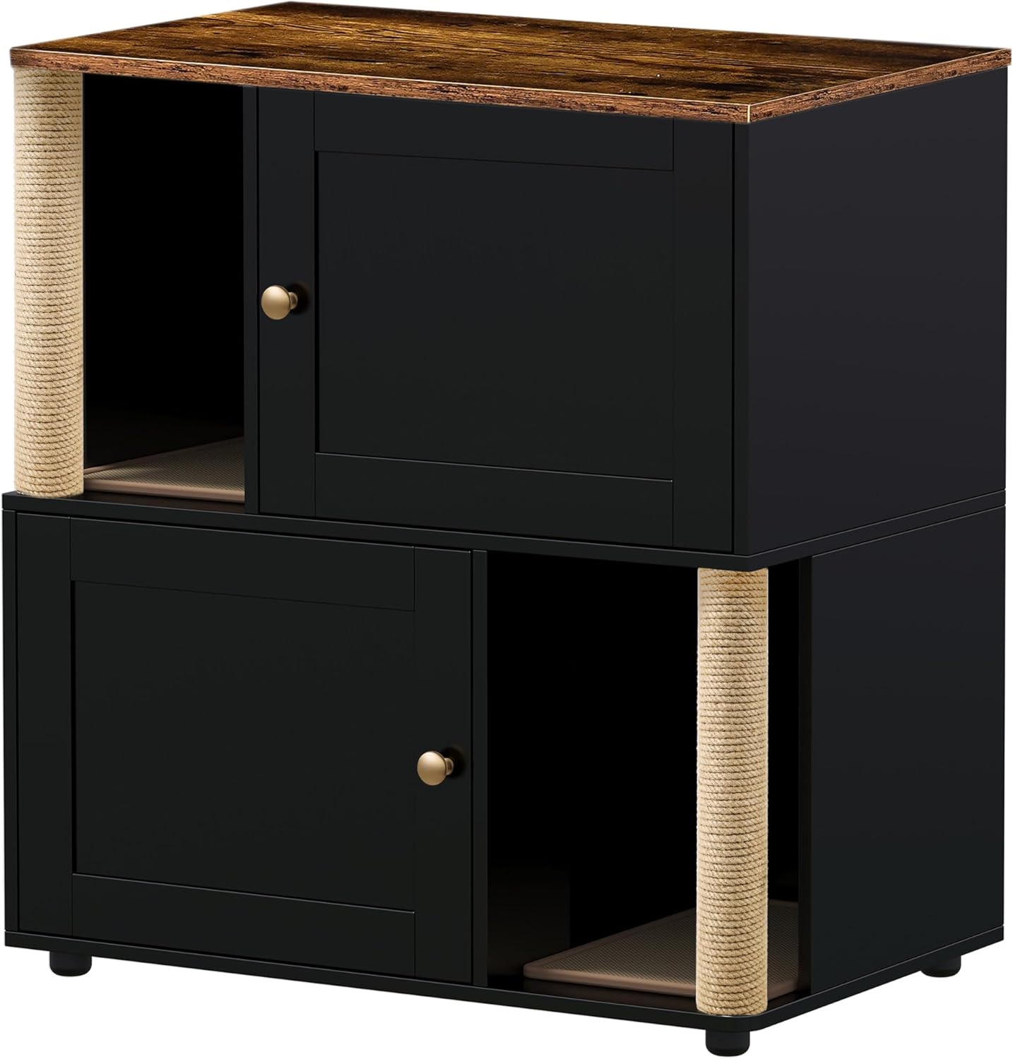 GAOMON 2 Tiered Cat Litter Box Enclosure for 2 Boxes, 31.5'' Double Litterbox Enclosure Furniture with Scratch Posts and Double-Layer Litter Mats, Wood Cat Washroom 2 Doors Black