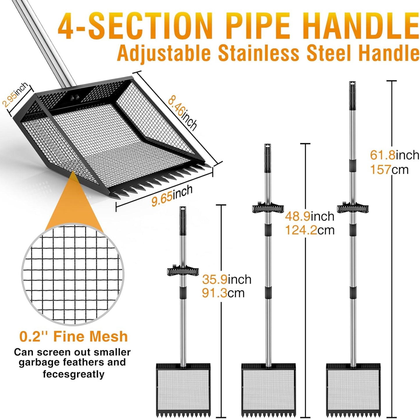 TOOGE Large Chicken Poop Scooper: 2-in-1 Metal Pooper Scooper & Rake Adjustable Long Handle Stainless Steel Sand Sifter Litter Shovel Chicken Coop Scoop Cleaning Tool for Coffee Ground Farm Yard Black