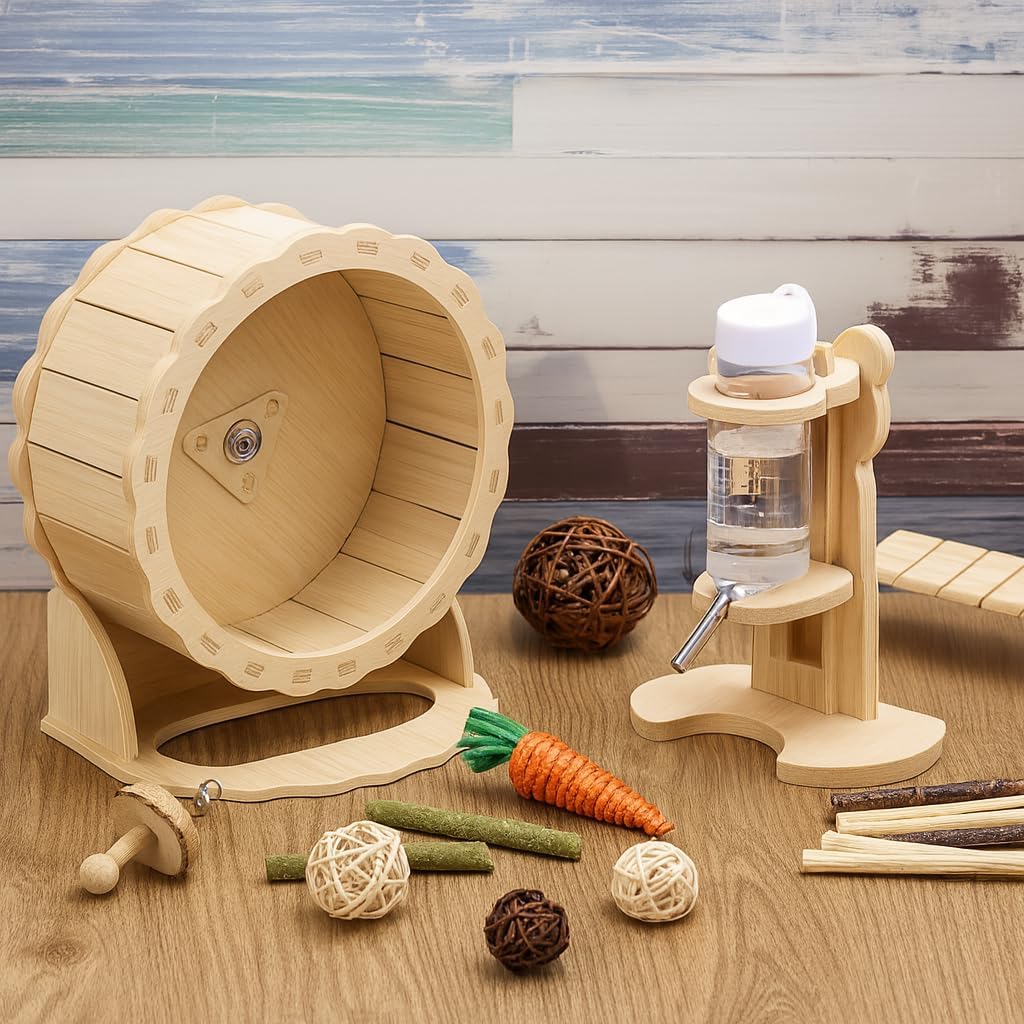 Hamster House Wooden Hamster Wheel & Water Bottle Set, Silent Exercise Wheel 5.9" with Adjustable Water Dispenser Stand, Small Animal Accessories for Ham Ster, Gerbil, Guinea Pig, Mice (3 Pcs)