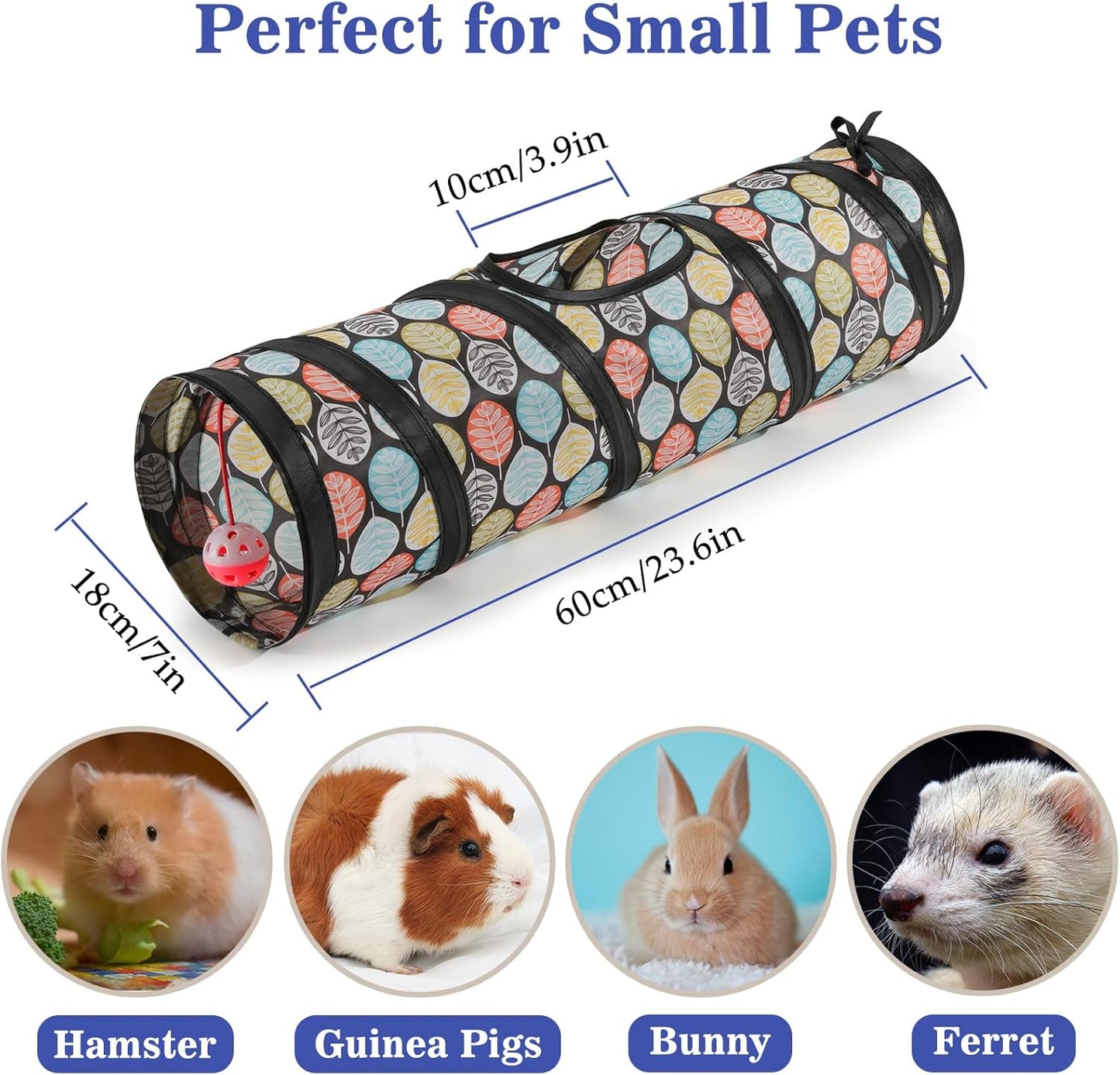 Pawaboo Small Pet Straight Tunnel, 23.6in Guinea Pig Tunnels and Hamster Tubes, Collapsible Small Animal Hideout with Interactive Bell and Balls, for Hamsters Guinea Pigs Rabbits Ferrets Chicks,Leaves