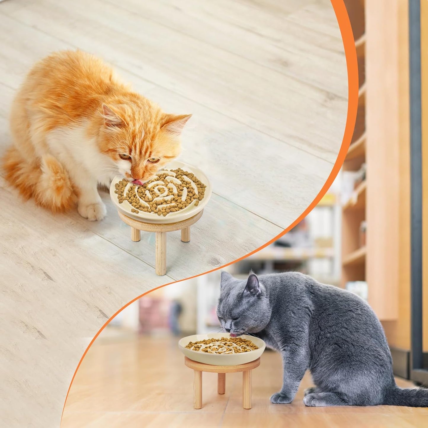 Shallow Elevated Cat Bowls with Bamboo Stand, 5.9 Inch Raised Slow Feeder Cat Bowl and Wide Ceramic Cats Bowls Whisker Friendly, 2 Pack Pet Dishes for Dry and Wet Food Dishwasher Safe