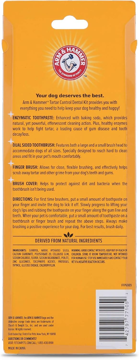 Arm & Hammer for Pets Tartar Control Kit for Dogs Contains Toothpaste, Toothbrush & Fingerbrush Reduces Plaque & Tartar Buildup, 3-Piece Kit, Banana Mint Flavor (Pack of 1)