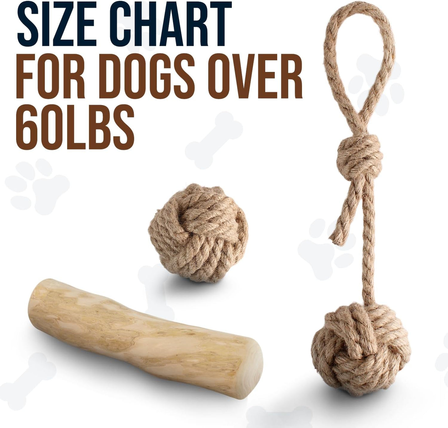 3Pcs Natural Coffee Wood Dog Chew and Hemp Ball Toys for Large & XL Dog Over 70lbs - 100% Organic Toys for Teeth Cleaning, Reduces Stress, Mental Stimulation