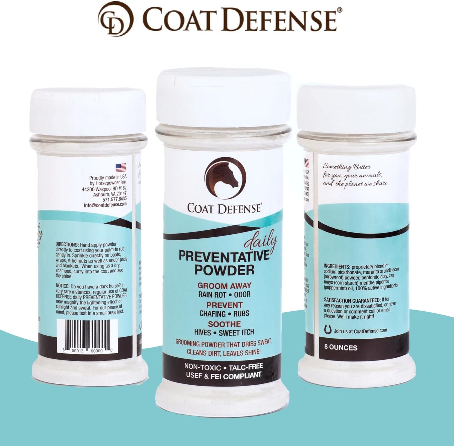 Coat Defense Daily Preventative Powder for Horses - Safe & Effective Equine Sweet Itch, Skin Funk, Scratches, & Rain Rot Treatment - Dry Shampoo for Horses, 8 oz Formula with All Natural Ingredients