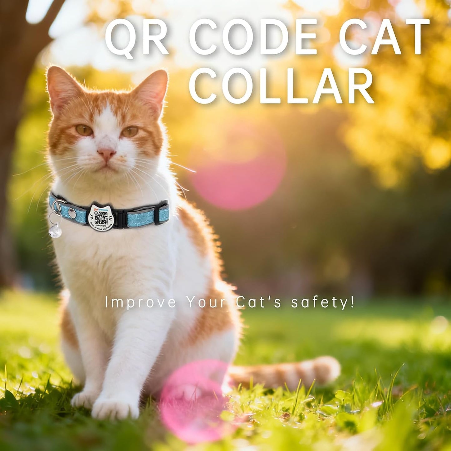 Cat Collar with Bells Reflective Cat Collars Breakaway with Oxford Cloth Soft Padding Adjustable Kitten Collar with QR(CodeCaribbean Blue)
