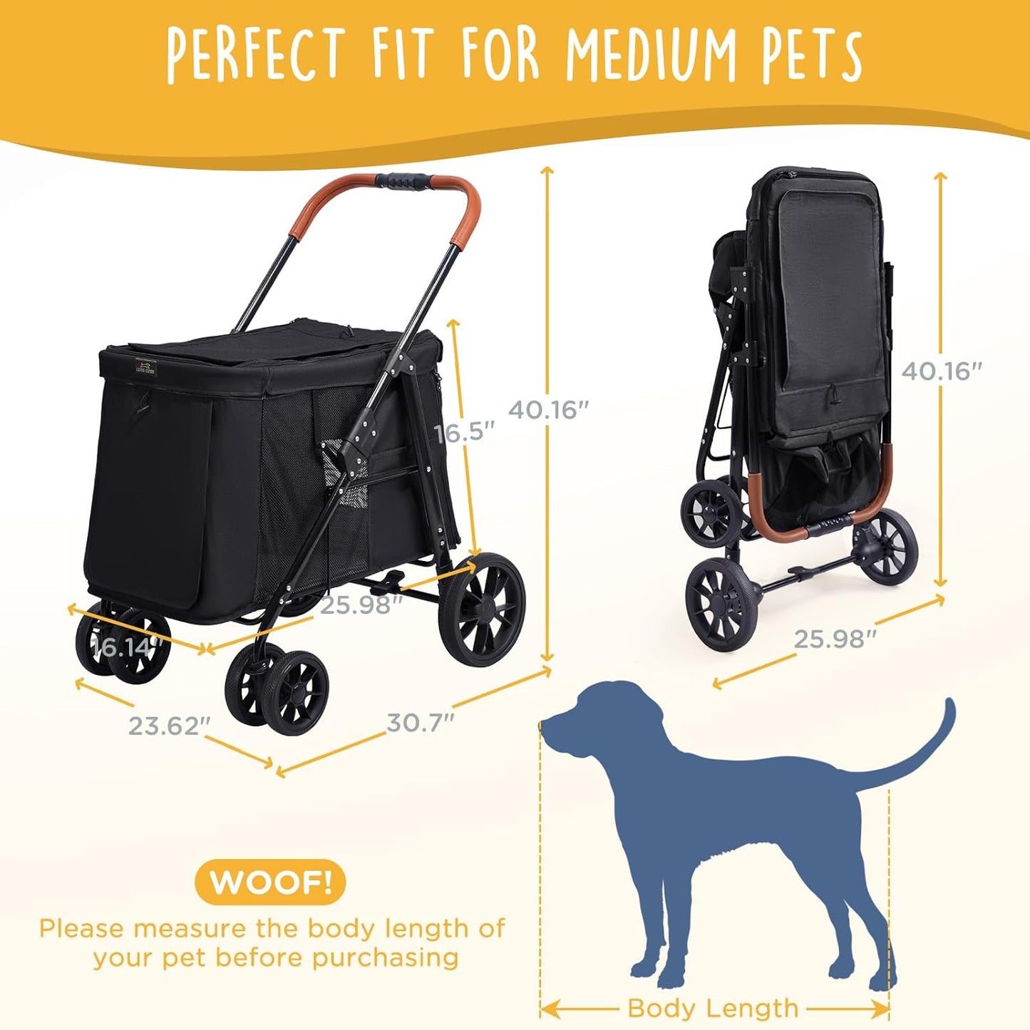 Scout Pet Stroller, 4-Wheel Design for Small/Medium Dogs - One-Button Fold, Adjustable Mesh Windows & Shades, 360° Swivel Front Wheels, Rear Wheel Brake for Safety, Black