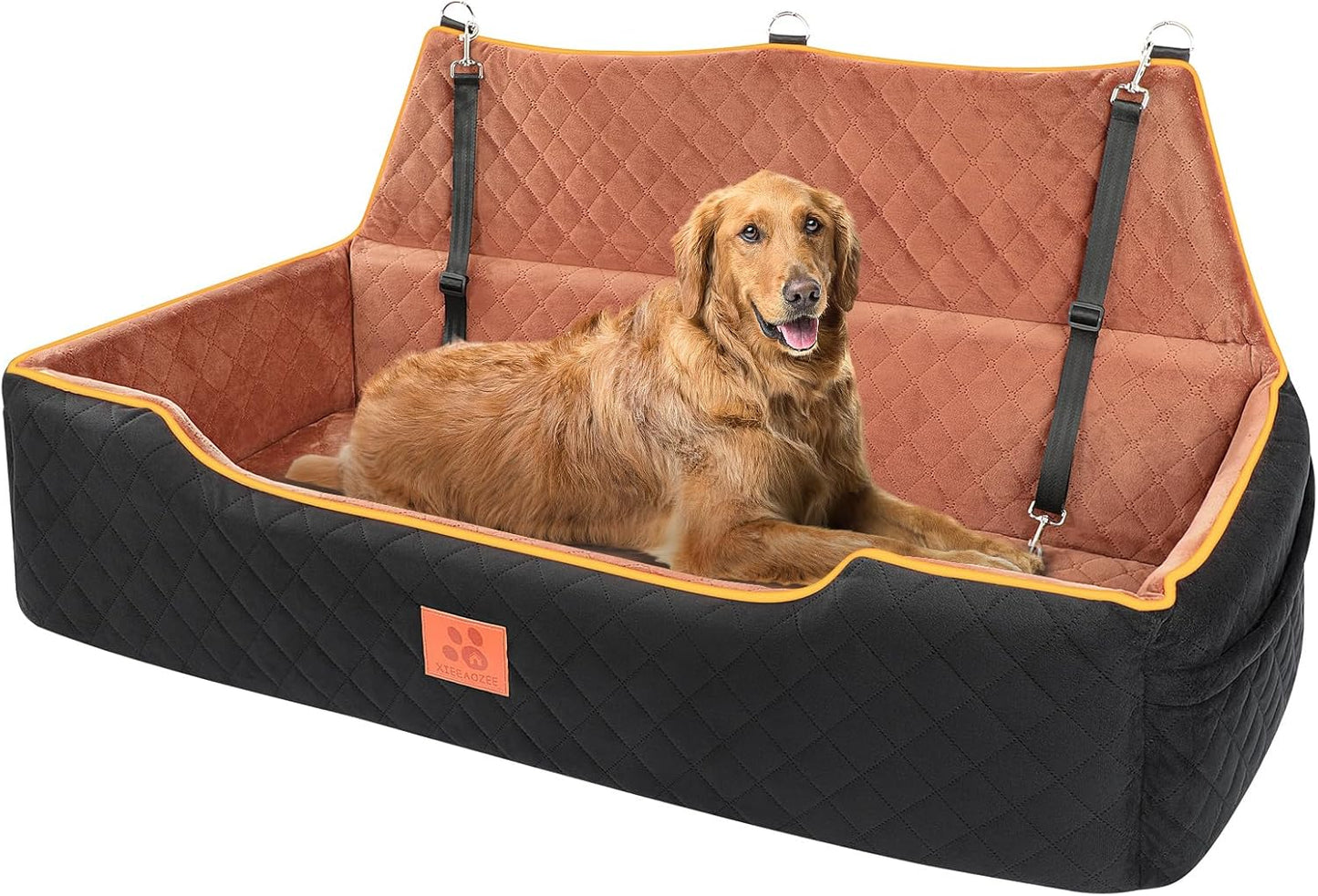 Large Dog Car Seat for Dods Under 100 Lbs, Memory Foam Dog Car Bed for Backseat & Trunk, Detachable and Washable Cover, Pet Travel Seat with Storage Pockets, 2 Safety Belts