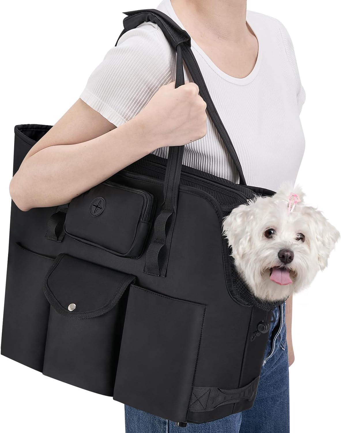SlowTon Dog Purse Carrier - Portable Dog Carrier with Pockets & Safety Leash for Small Dogs Under 12 lbs, Breathable Pet Tote Bag for Cat Rabbit Outing, Travel, Vet (Black)