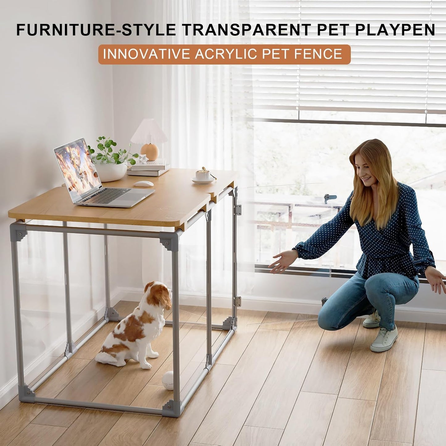 Clear Acrylic Dog Cage Furniture, Decorative Dog Kennel Furniture with Solid Wood Tabletop, 41 Inch, 6 Panels, Transparent Pet Fence for Small Dogs, Rabbits, Hedgehogs, and Cats