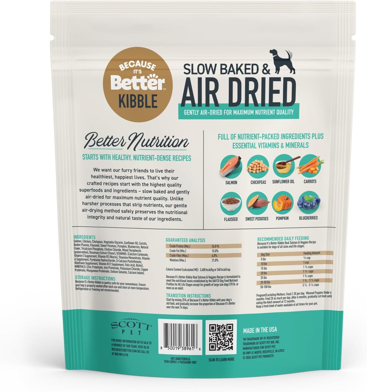 Because It's Better Slow Baked and Air Dried Dog Food, Real Salmon and Veggies, 3lb Bag, Complete and Balanced Dry Dog Food, for All Life Stages