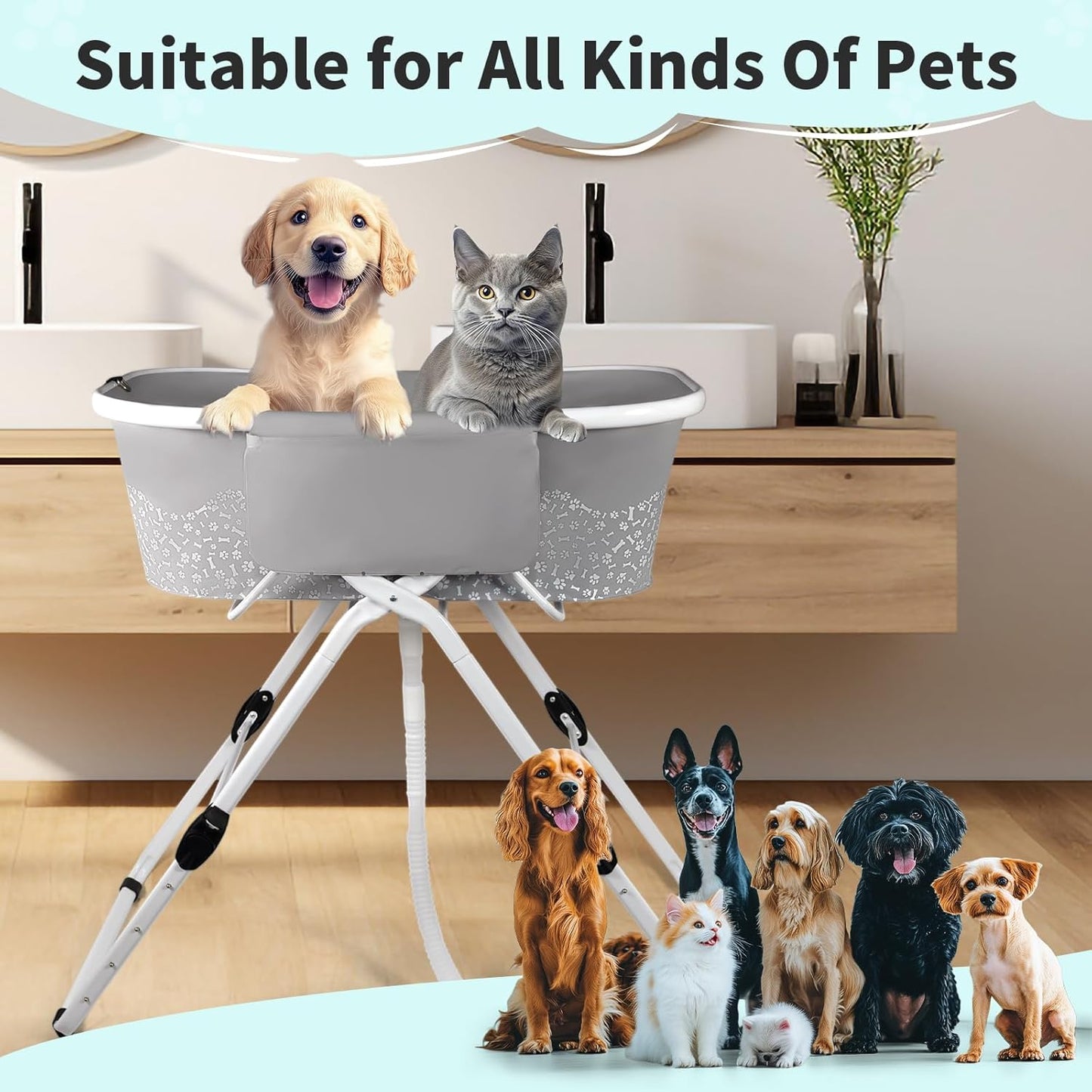 BACOENG Portable Dog Bathtub, 5 Height Adjustable Dog Washing Station, Dog Tubs for Bathing and Grooming, Pet Bath Tub for Small to Large Dogs, Indoor and Outdoor Use