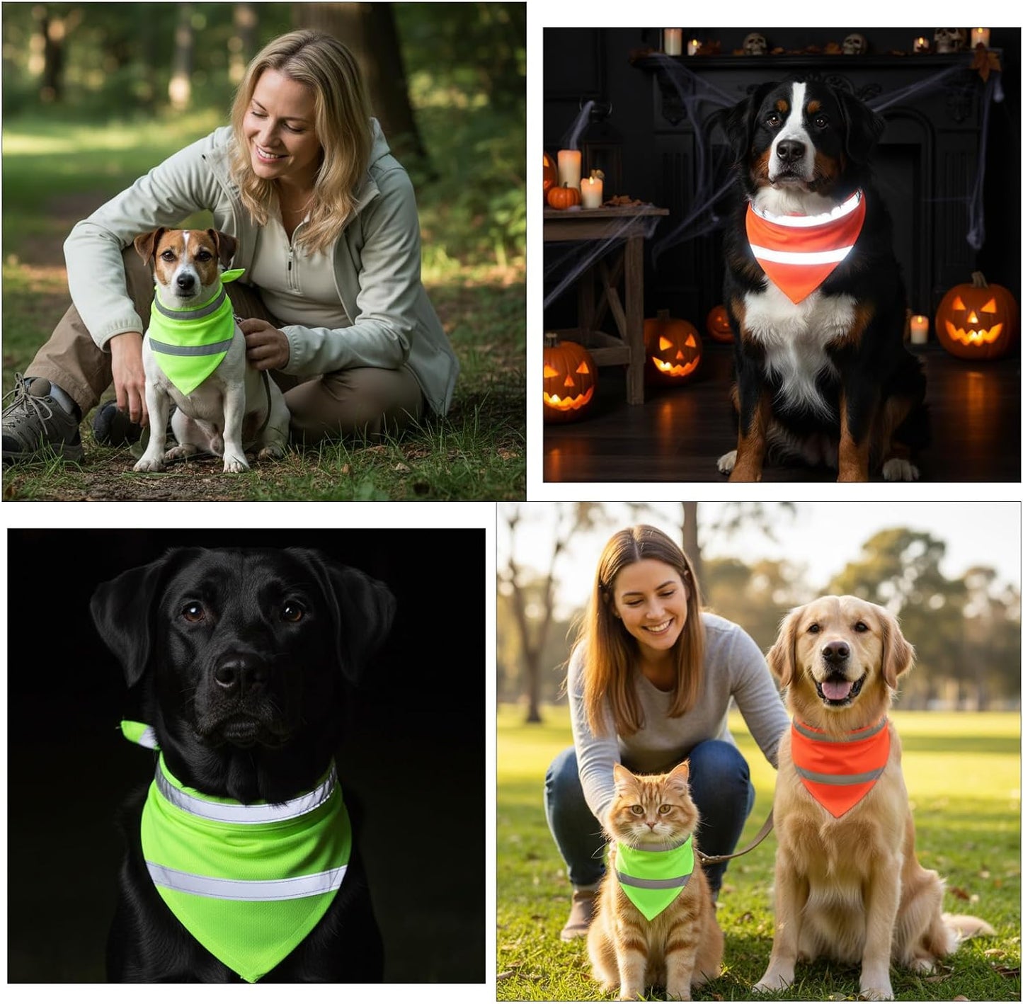 Dog Reflective Bandanas, 2 Pieces Orange Green High Visibility Bandana for Dogs Adjustable Triangle Bib Safety Reflective Dog Scarf for Small Medium Large Pets Dogs Cats Outdoor Walking Camping