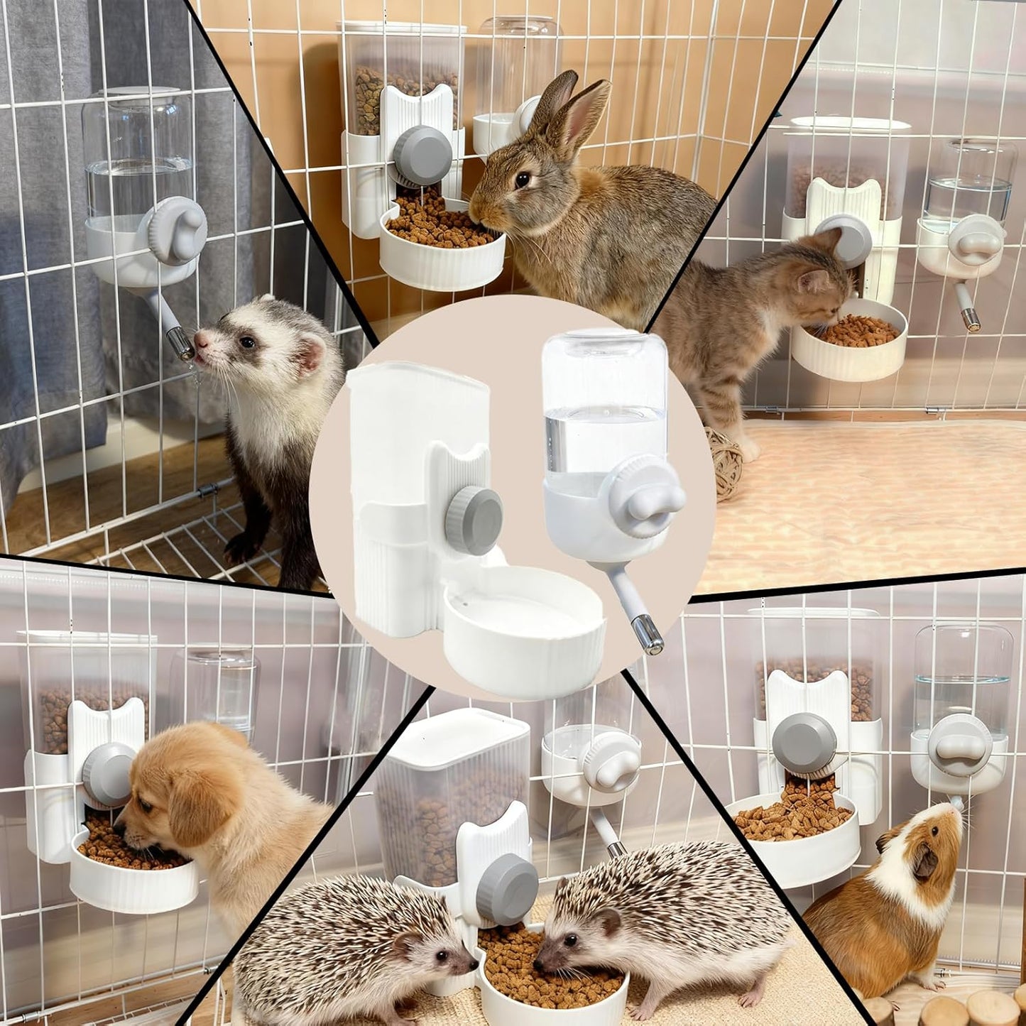 Rabbit Gravity Feeder Waterer Set Automatic Guinea Pig Food Water Dispenser Food Water Bowl Feeding Station for Puppy Kitten Guinea Pigs Chinchilla Hedgehog Small Animals (Grey)