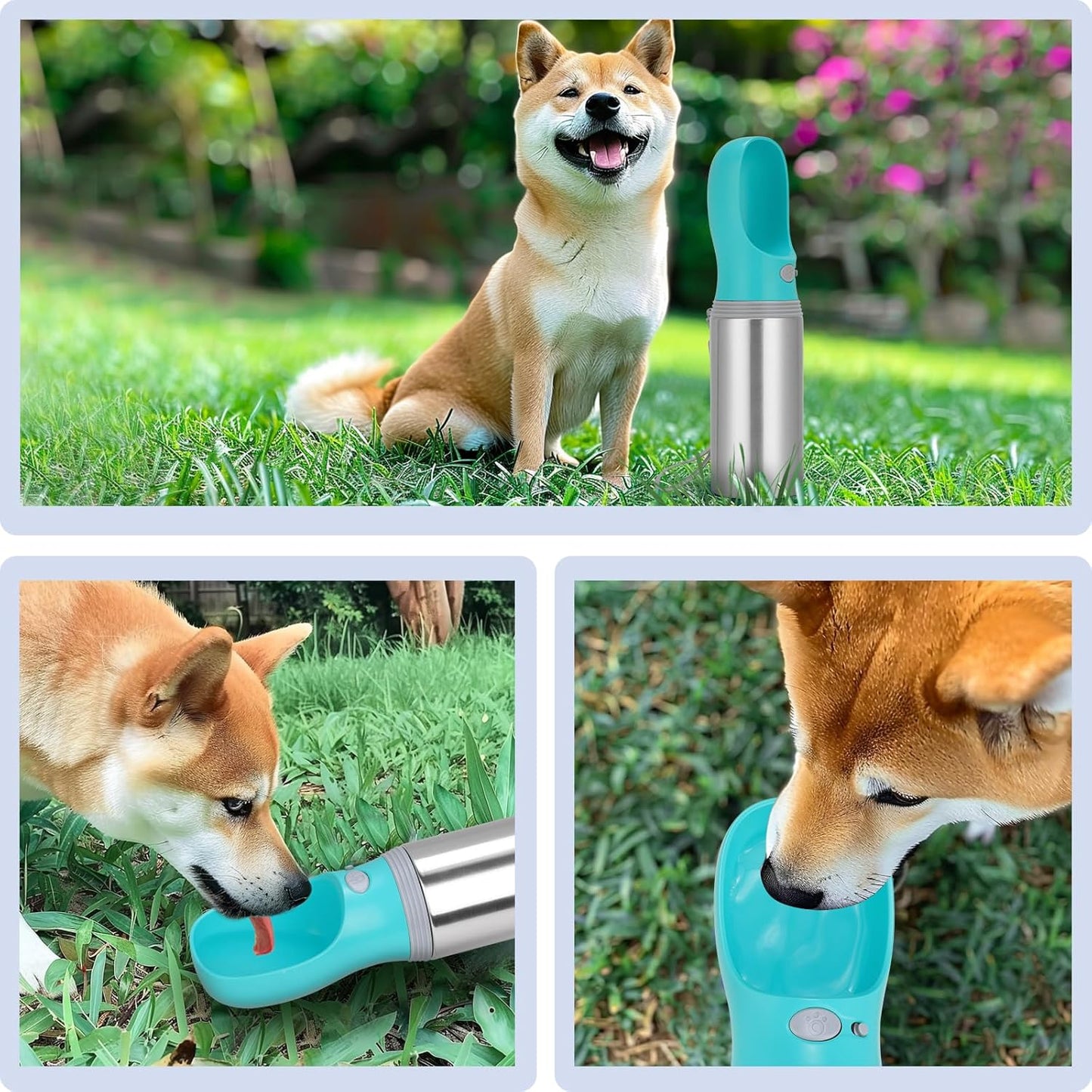 Portable Dog Water Bottle, 14 OZ, Stainless Steel Leak Proof Puppy Water Dispenser with Drinking Feeder for Pets Travel, Walking, Hiking and Outdoor Activities