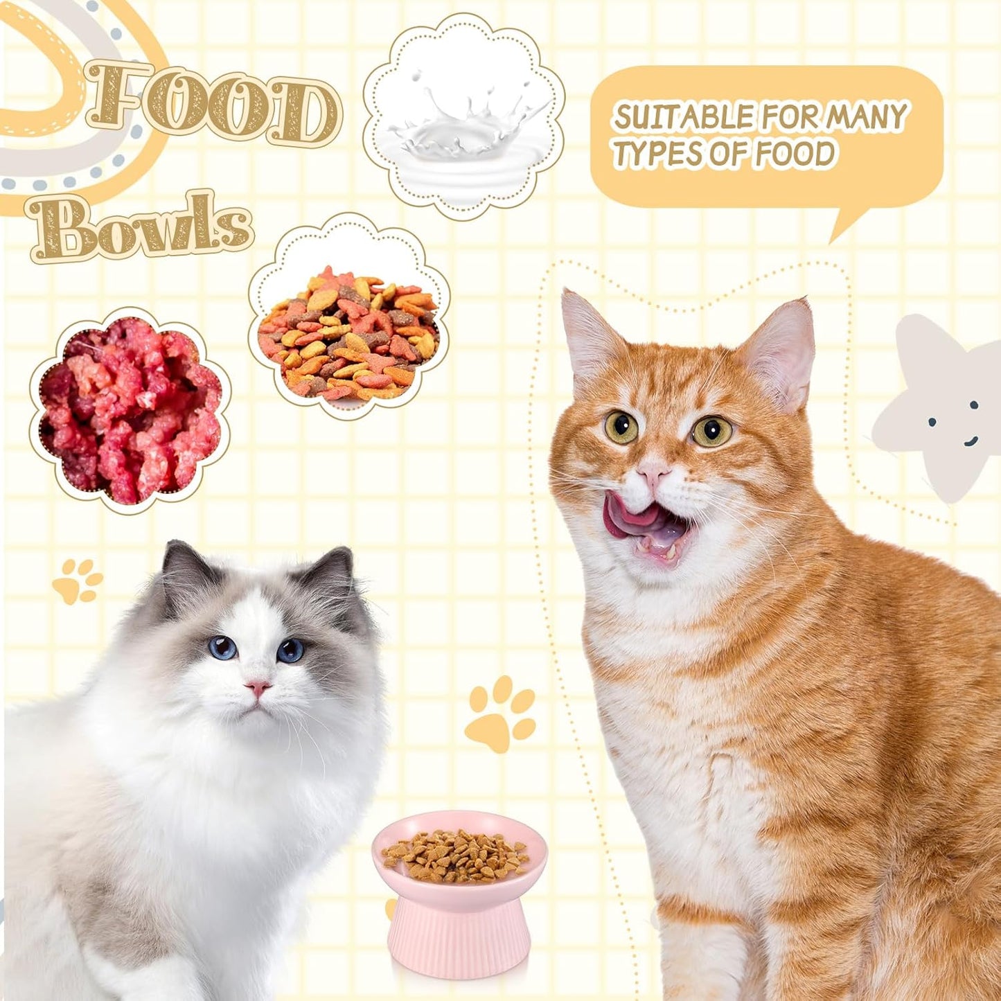 Layhit 2 Pack Raised Slow Feeder Cat Bowls Ceramic Elevated Cat Food Bowls Anti Vomiting Slow Feeder for Dog and Kitten for Dry and Wet Food(Blue, Pink)