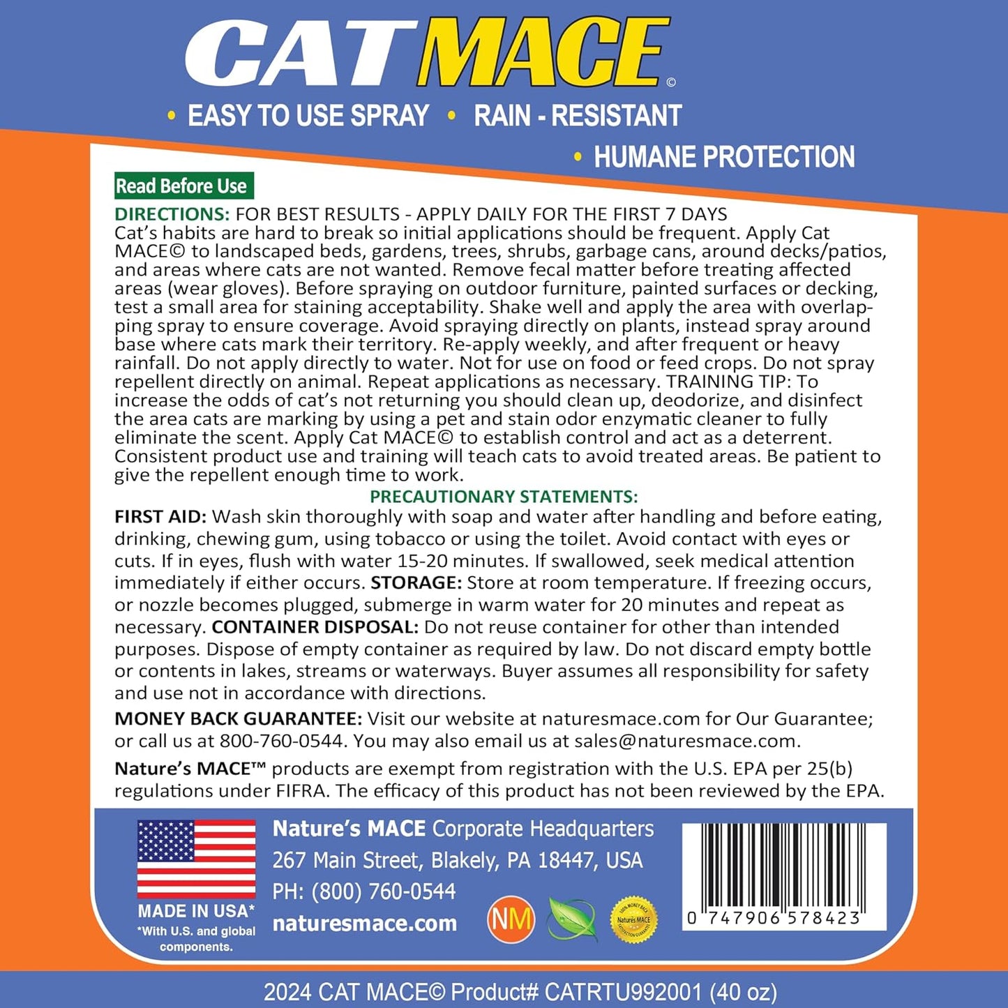 Nature's Mace Cat Mace Cat Repellent, Spray Deterrent for Urine Marking, Keep Cats Away for Outdoor & Indoor Use, Scratching, Flowerbeds, Yards, Pets, Garden, Plants, Ready-to-Use, 40 oz Spray