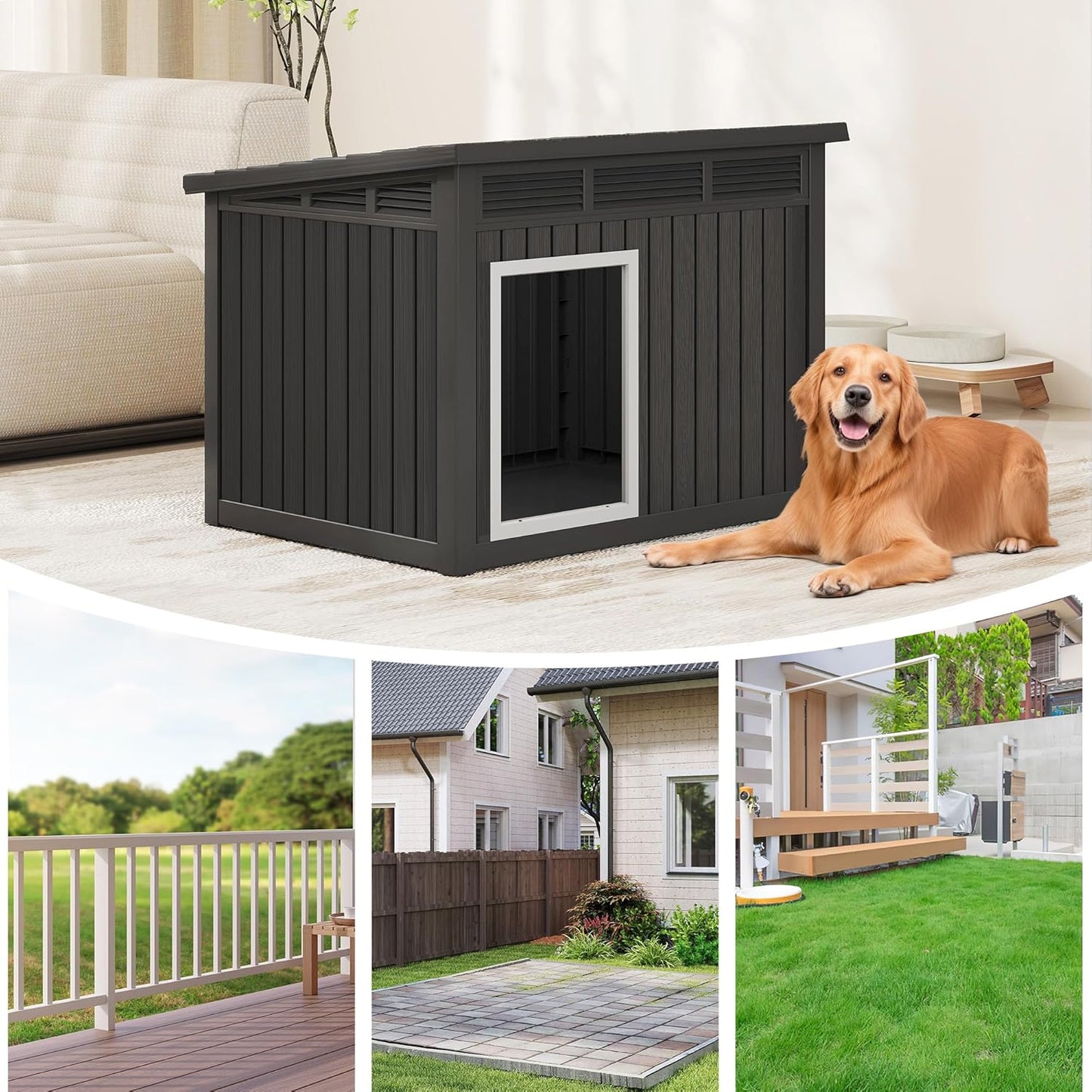 Fancyango Large Weatherproof Dog House with Removable Roof for Indoor & Outdoor Use - Spacious (42.8" L x 33" W x 31.5" H) Classic Black