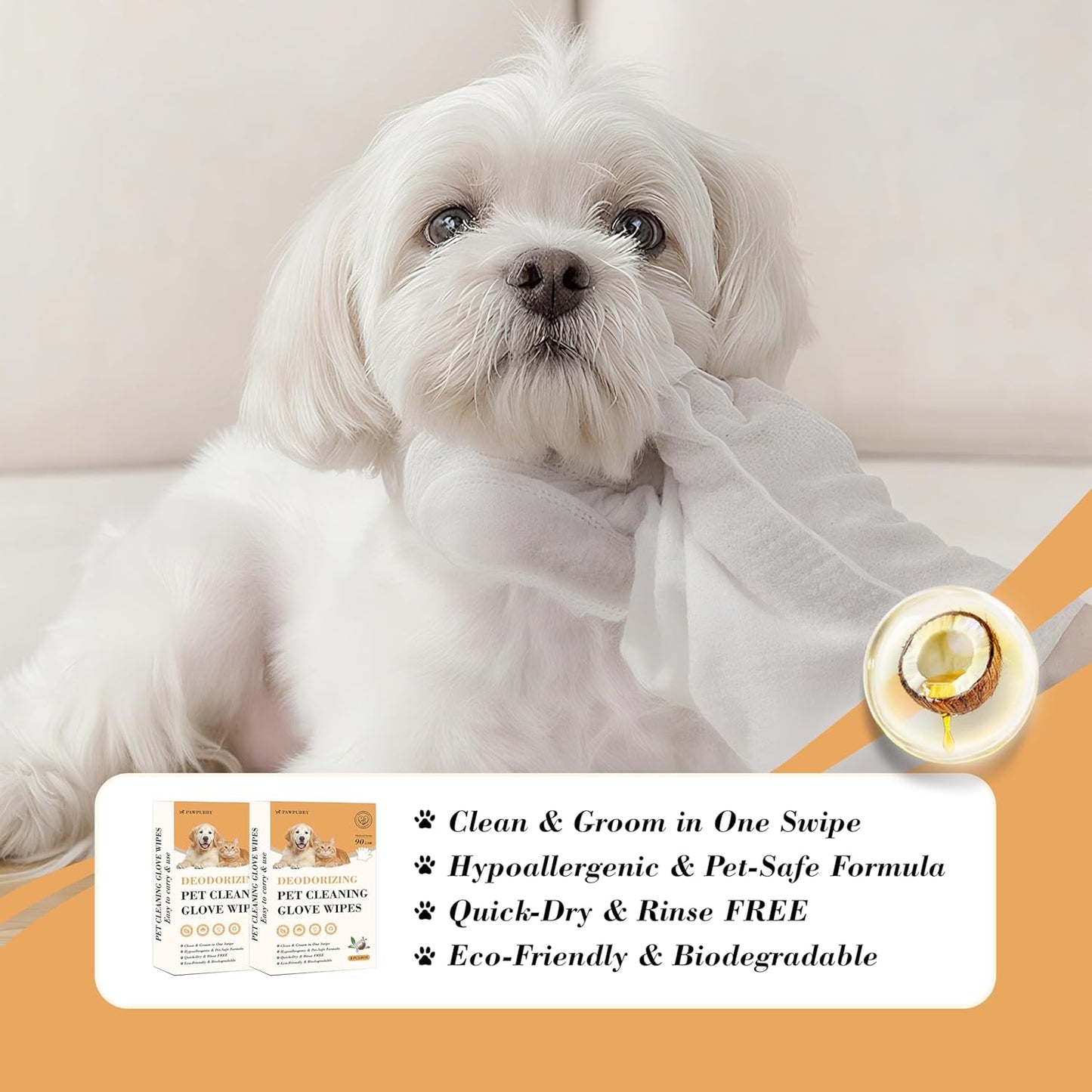 Pet Cleaning Glove Wipes - Coconut Oil & Chamomile Infused, Tame Fur & Banish Odors for Dogs/Cats/Small Furry Pets, Mild Rinse-Free Natural Wipes (8PCS)