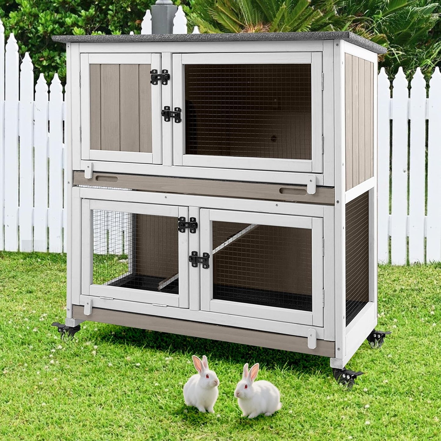 2 Story Rabbit Hutch Indoor & Outdoor, Wooden Rabbit Cage with 2 Leak-Proof Pull-Out Trays, 4 Wheels, Ramp, Chew-Anti Metal Strip for Rabbit, Guinea Pig, Hamster (36" L x 17.8" W x 36.7" H)