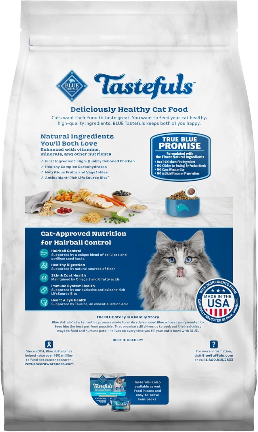 Blue Buffalo Tastefuls Adult Hairball Care Dry Cat Food, Made in The USA with Natural Ingredients, Chicken & Brown Rice Recipe, 3-lb. Resealable Bag