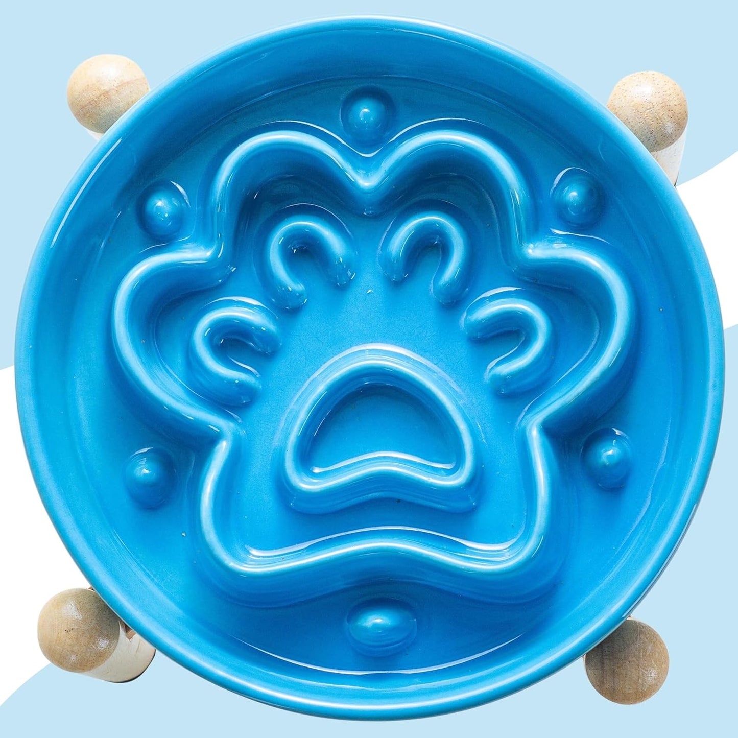 Ceramic Slow Feeder Dog Bowls, Raised, 3 Cups Elevated Slow Feeder with Wooden Stand for Medium Large Breed, Puzzle Dog Food Bowl (Blue)