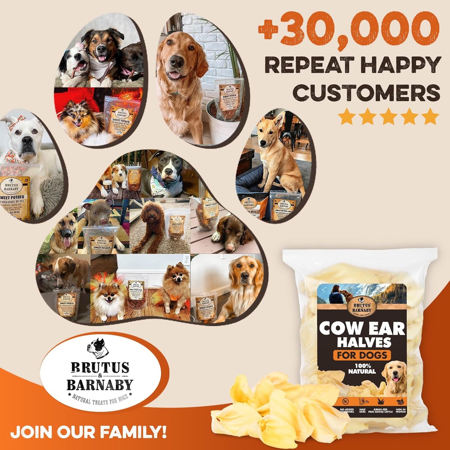 BRUTUS & BARNABY Cow Ears for Dogs – Halves 30 ct, Thick Cut, Grass-Fed Angus Beef, All-Natural No-Rawhide Dog Treat Alternative