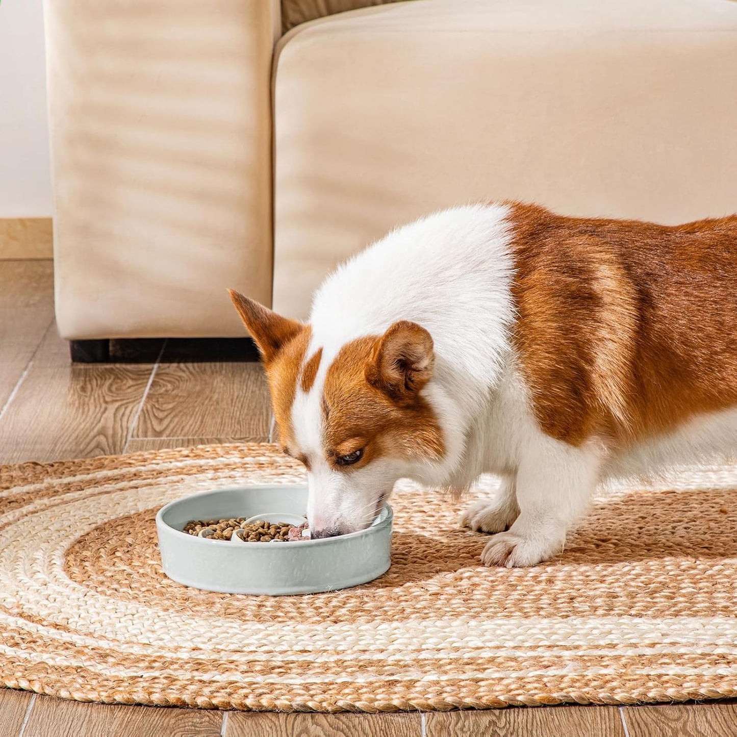 vancasso Slow Feeder Dog Bowl, 1.5 Cups Ceramic Dog Food Dish for Fast Eaters Small Breed, Puzzle Bowl for Small Dogs and Cats, Grayish Cyan