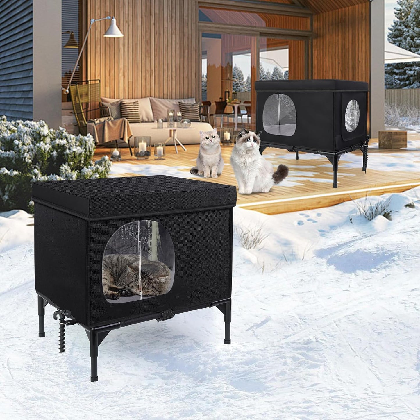 Outdoor Cat House Weatherproof, Insulated Feral Cat Houses for Cats with Cozy Cushion, Elevated Outdoor Cat Shelter, Equipped with Escape Door, Outside Cats House for Stray Cats(Small)