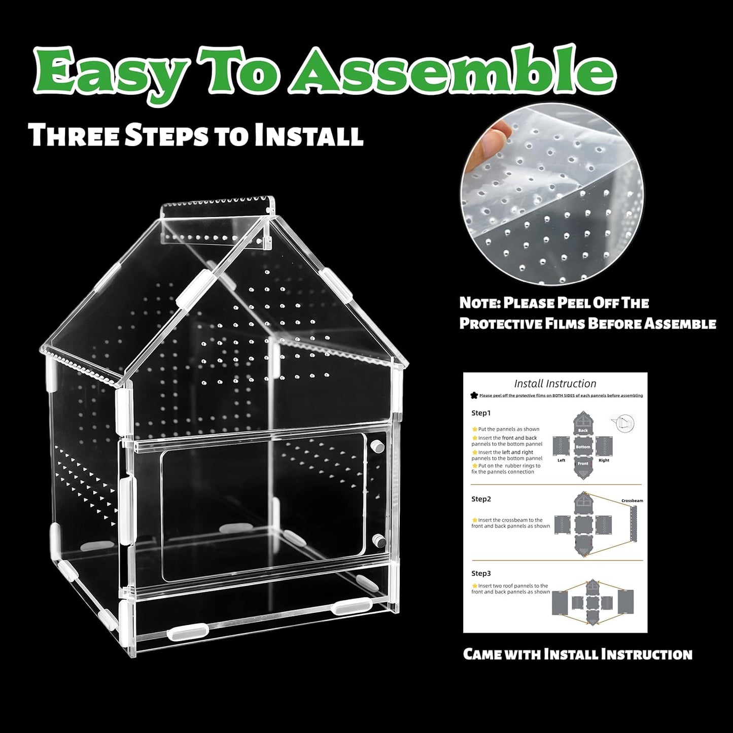 Acrylic Jumping Spider Enclosure with Magnetic Front Door - 360° View Reptile Terrarium for Tarantulas, Insects Hermit Crab - Includes Hanging Beam & Escape-Proof Ventilation (7.87x5.9x5.9 Inch)