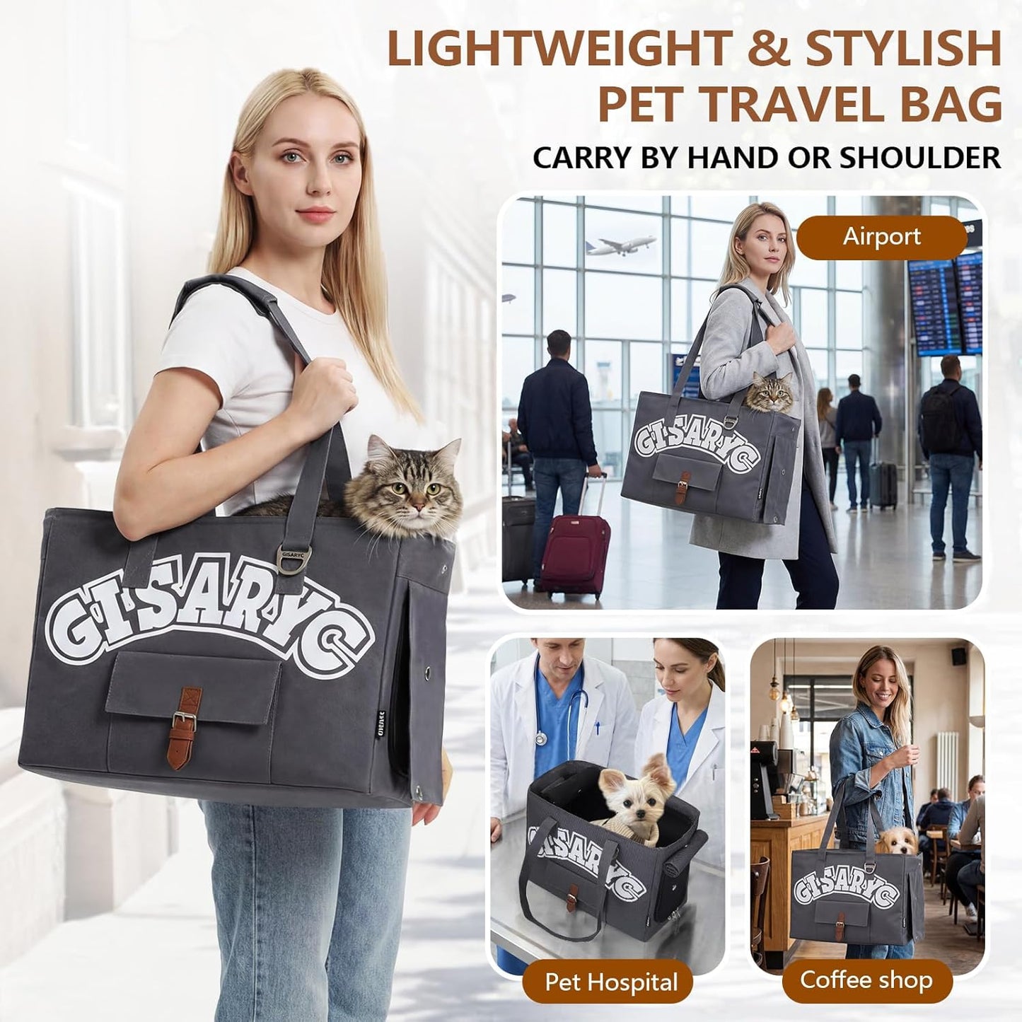 Dog Purse Carrier for Small Dogs, Cats and Puppies – Soft-Sided Foldable Pet Travel Bag with Multi Pockets, 3-Sided Mesh & Rollable Cover for Nervous Cats, Fits Pets up to 15 lbs (Grey)