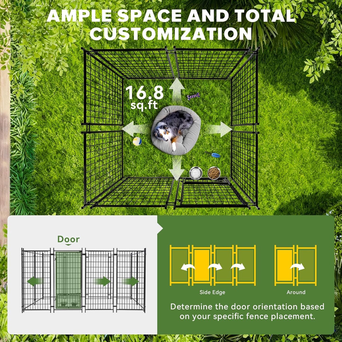 Oranland 4x4x5FT Dog Kennel Outdoor for Medium/Small Dogs, Welded Wire Outside Dog Pen, Anti-Rust Dog Run with Secure Lock/UV-Resistant Waterproof Roof/Swivel Stainless Steel Feeding Bowls