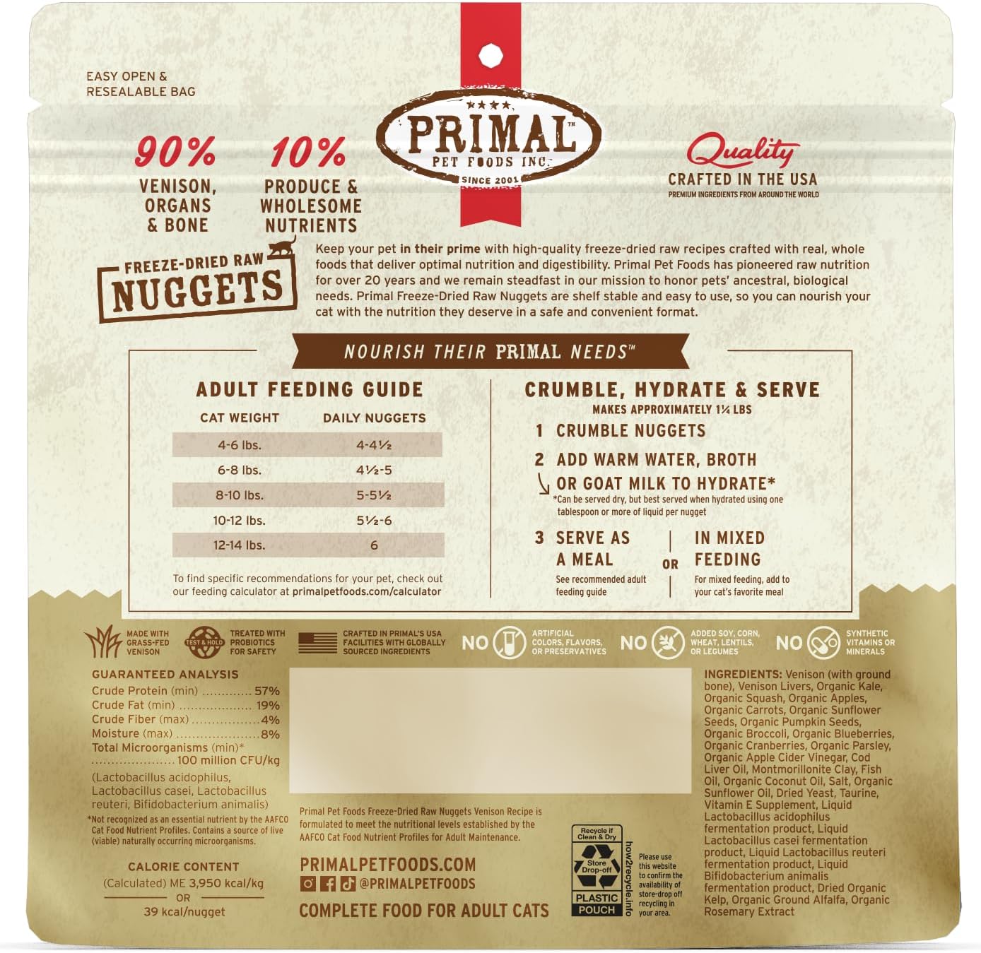 Primal Freeze Dried Raw Cat Food Nuggets Venison, Complete & Balanced Meal or Topper, Premium, Healthy, Grain Free, High Protein Raw Cat Food with Probiotics (5.5 oz)