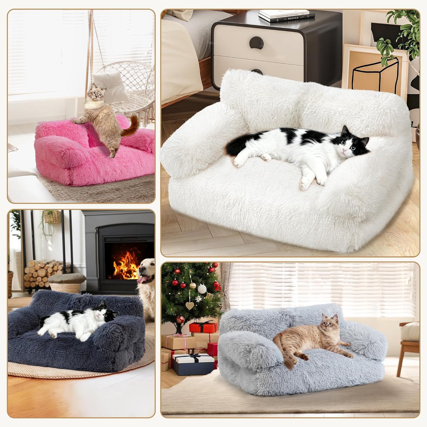 Large Cat Beds for Indoor Cats, Dog Couch Bed, Cute Cat Couch Sofas for Less 20lbs Kitten Puppy, Small Dog Sofas & Chairs with Removable Washable Cover, Soft Warm Pet Furniture, Plush White
