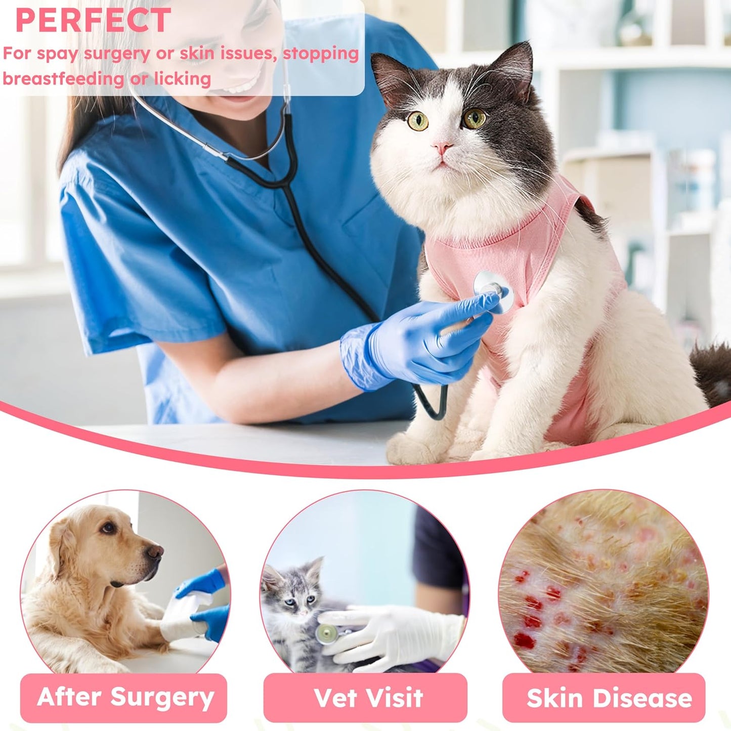 Cat Recovery Suit for Spay Abdominal Wounds, Kitten Onesie Bodysuit for Cats After Surgery, Cat Surgery Recovery Suit Female Cone of Shame Alternative for Cats Anti Licking (Pink,M)