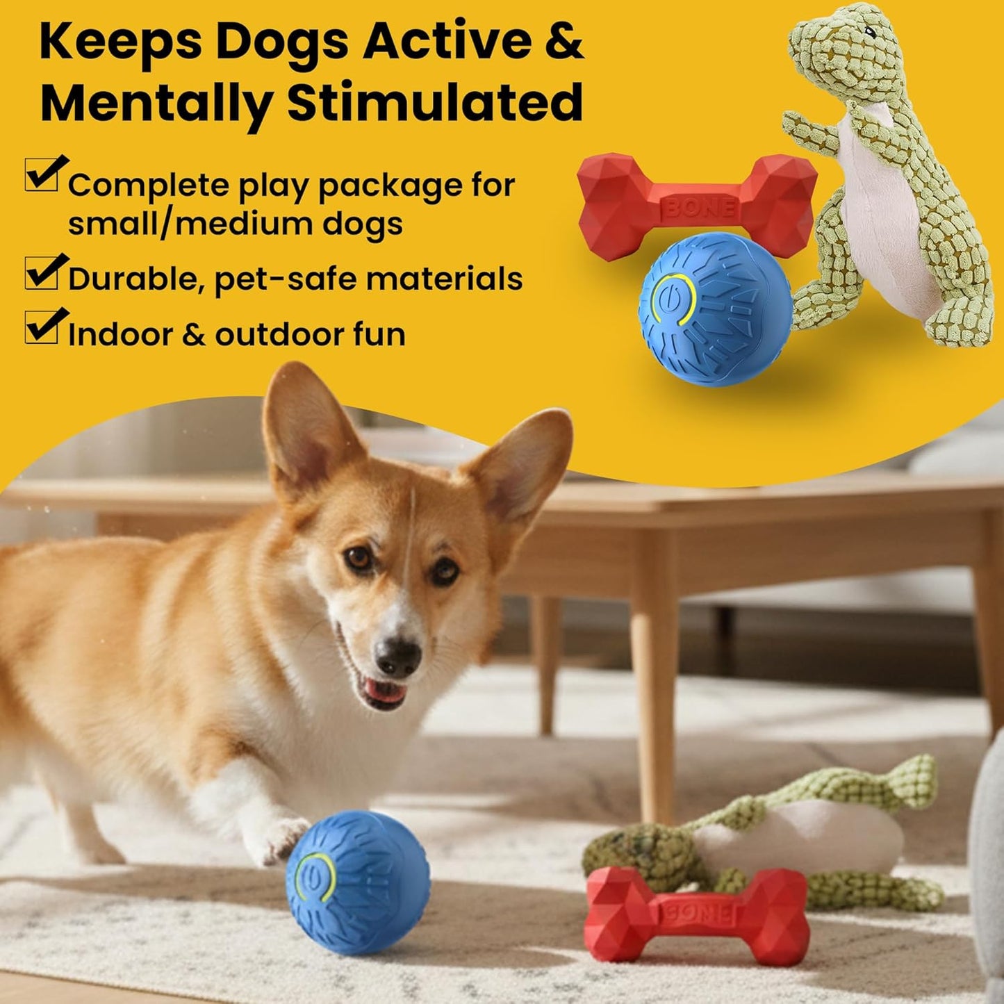 Fur4Fun Interactive Dog Toy Set - Includes Automatic Rolling Rubber Ball, Rugged Treat Play Bone and Tough Dinosaur Squeak Plush Toy. Full Play Package for Small/Medium Sized Dogs.