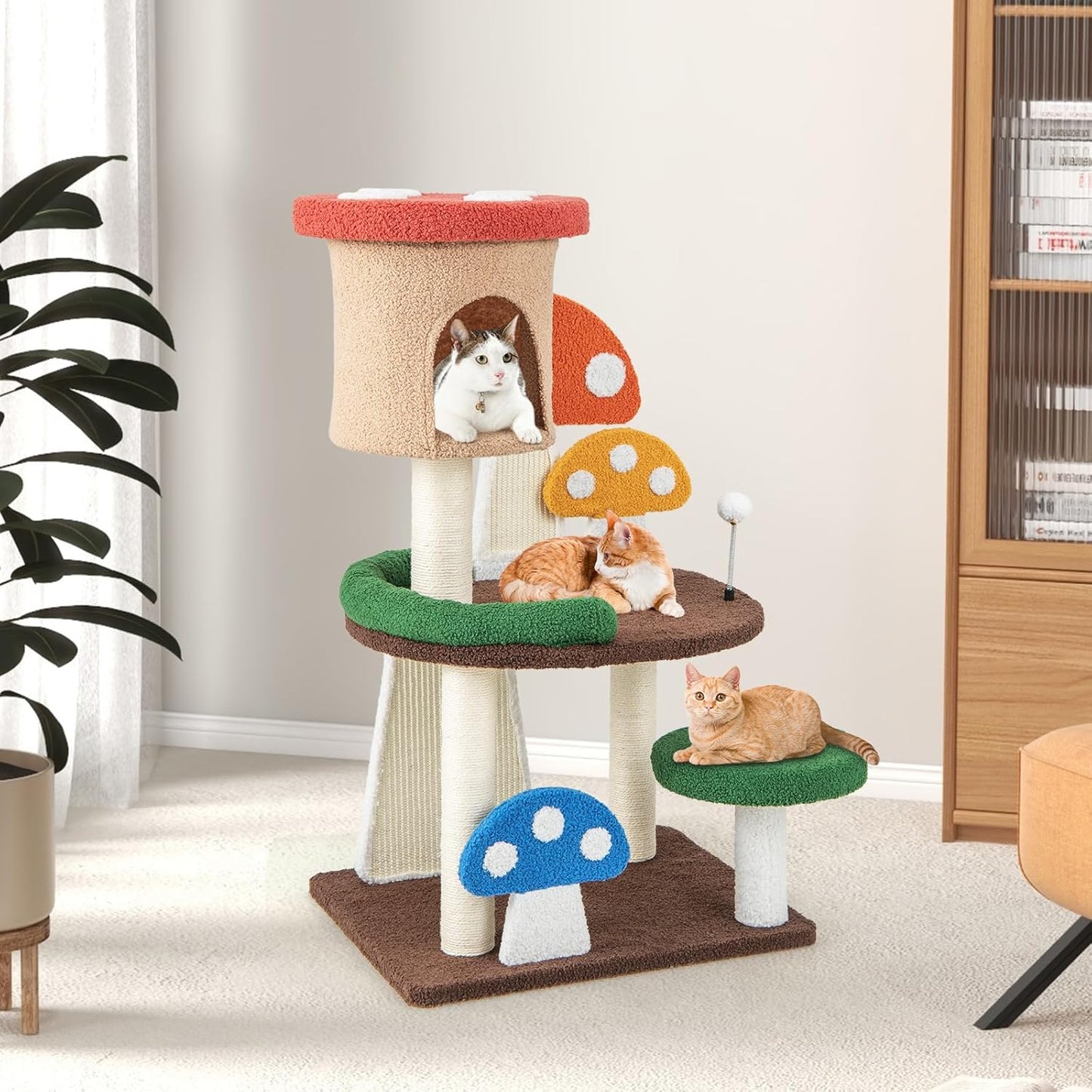 PETSITE Mushroom Cat Tree, 40.5 Inches Tall Multi-Level Cat Tower with Natural Sisal Scratching Posts & Boards, Cat Condo and Teasing Spring Ball, Cute Cat Tree Tower for Indoor Cats Large Adult